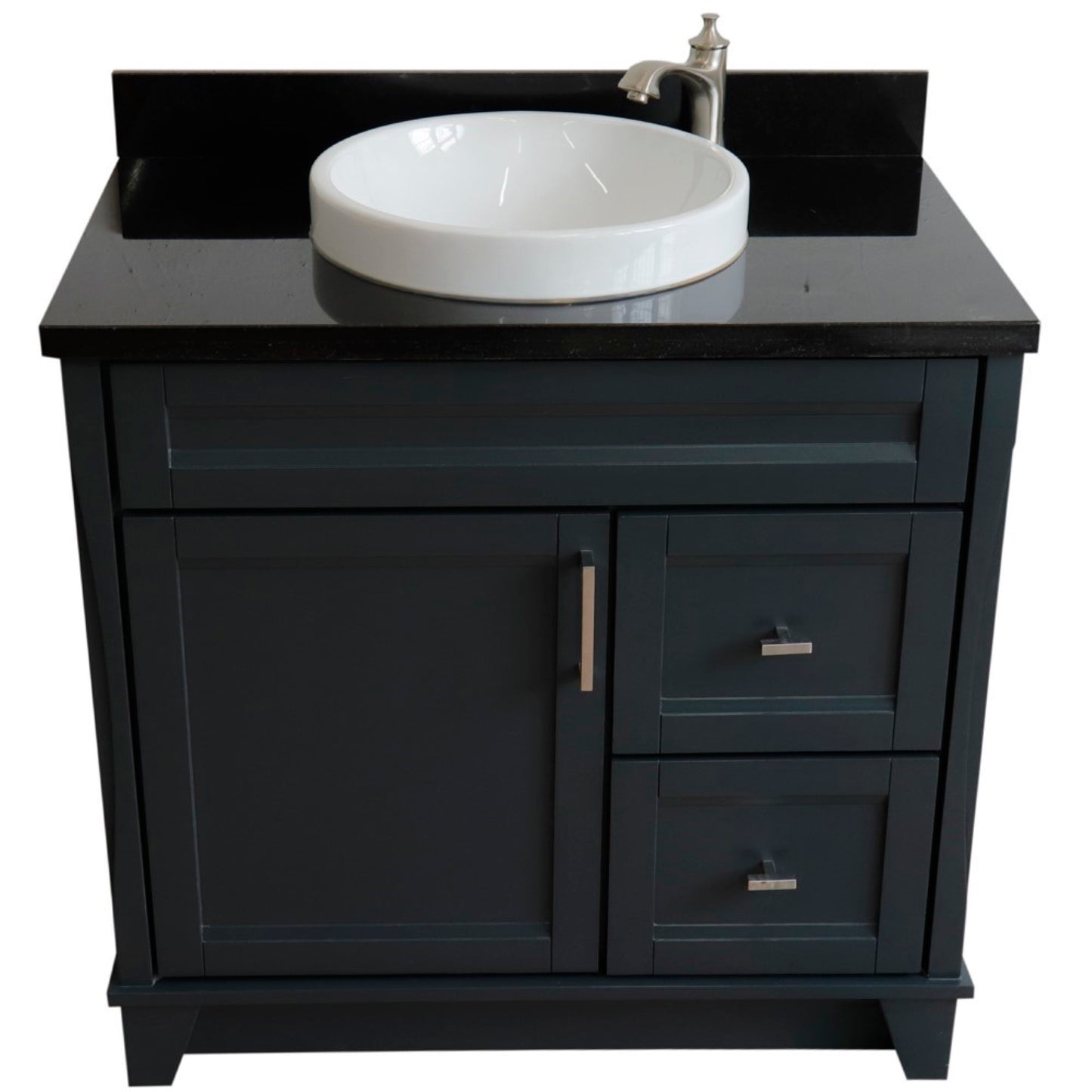 37" Single sink vanity in Dark Gray finish with Black galaxy granite and Left door/Round Center sink