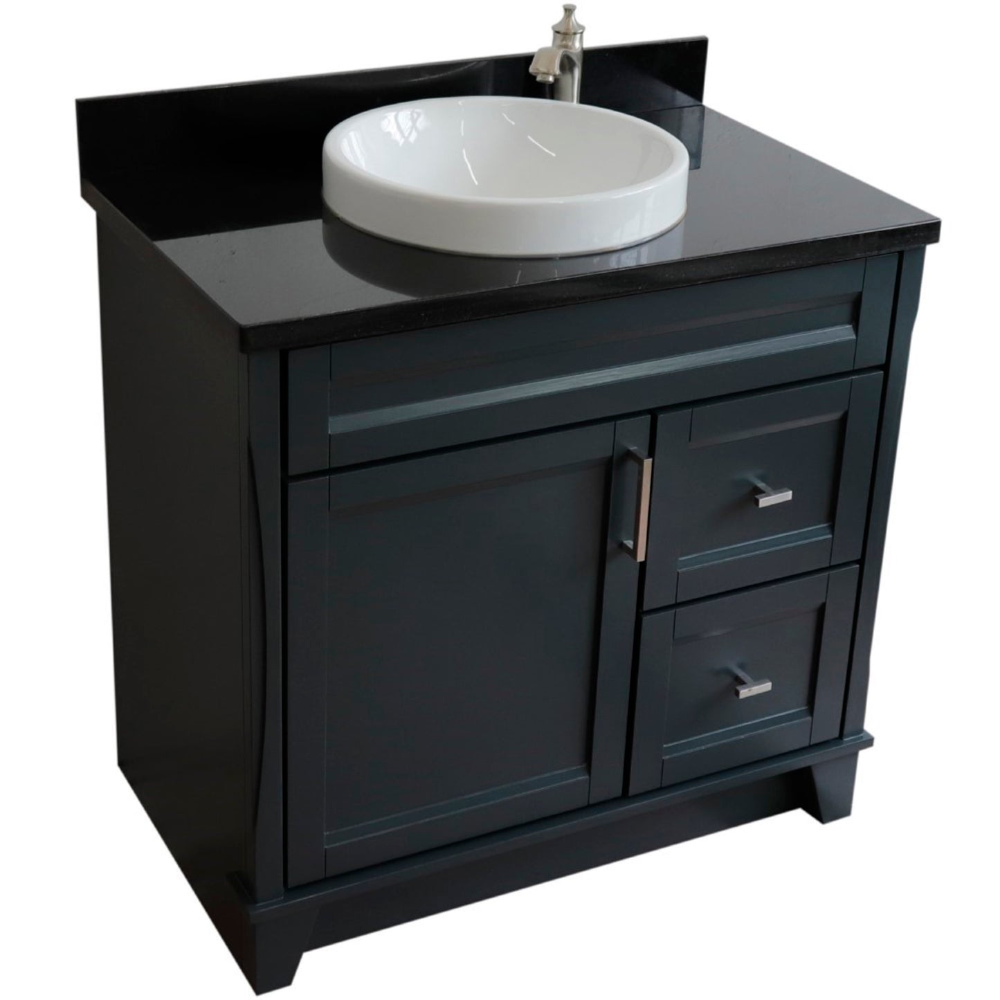 37" Single sink vanity in Dark Gray finish with Black galaxy granite and Left door/Round Center sink
