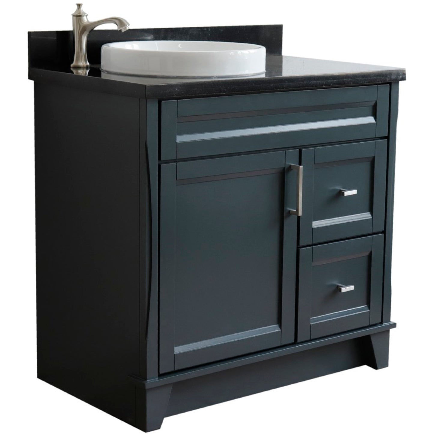37" Single sink vanity in Dark Gray finish with Black galaxy granite and Left door/Round Left sink