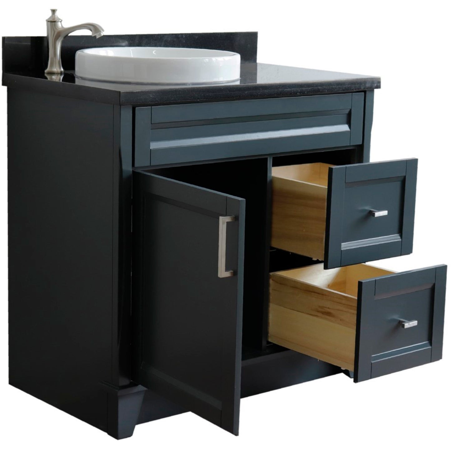 37" Single sink vanity in Dark Gray finish with Black galaxy granite and Left door/Round Left sink
