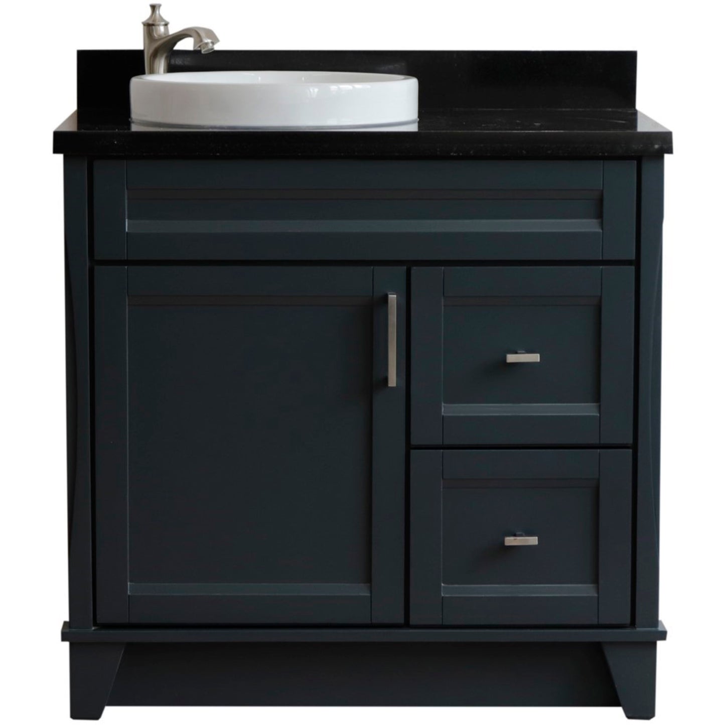 37" Single sink vanity in Dark Gray finish with Black galaxy granite and Left door/Round Left sink
