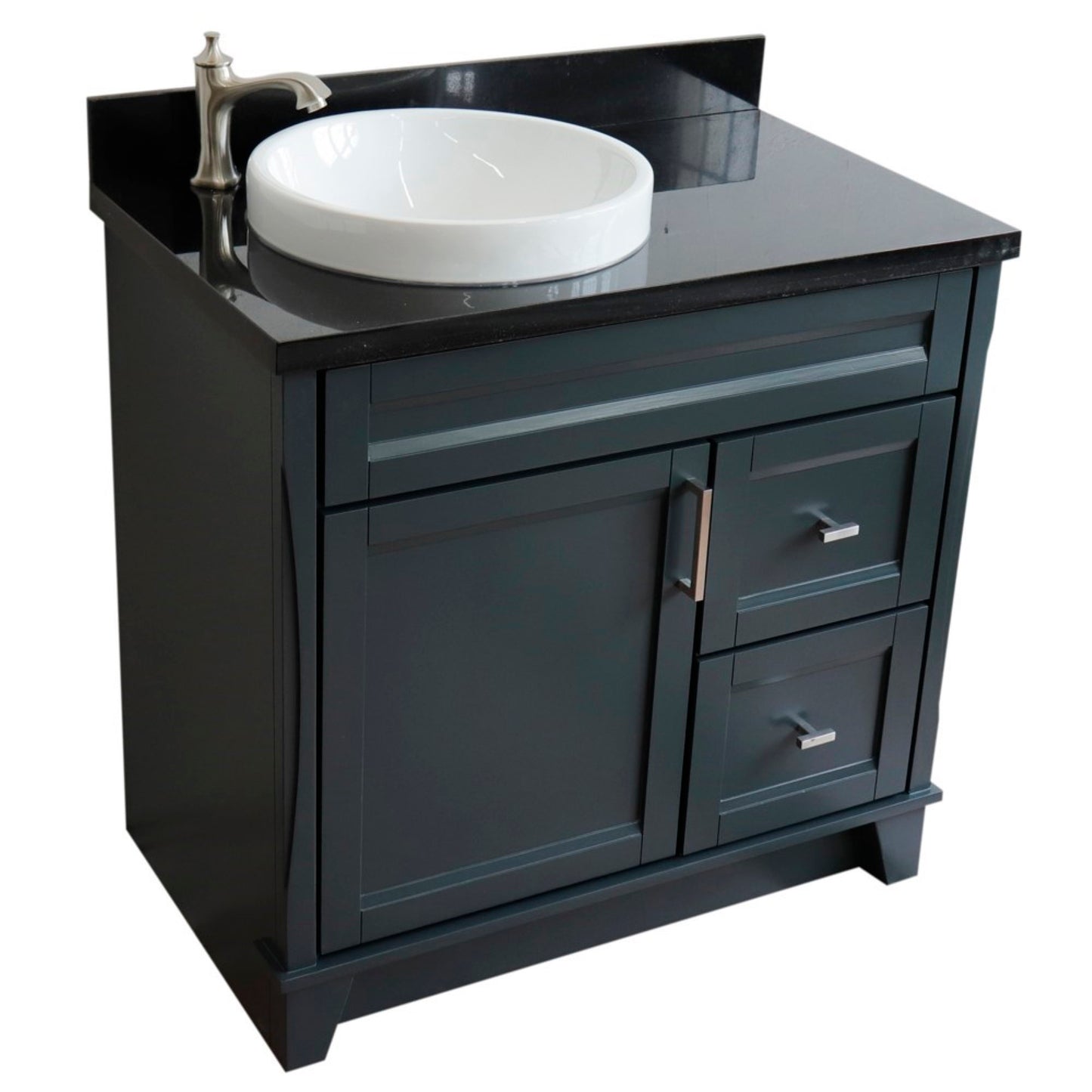 37" Single sink vanity in Dark Gray finish with Black galaxy granite and Left door/Round Left sink