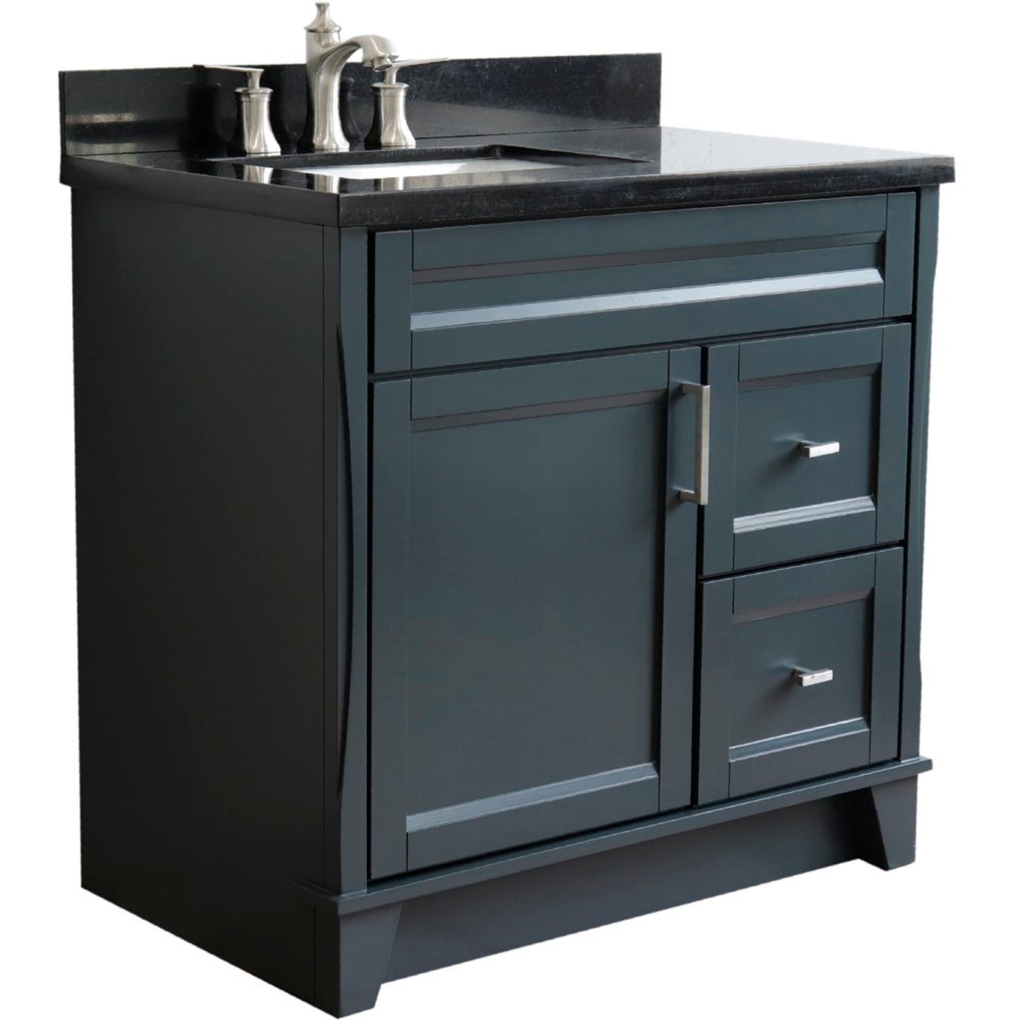 37" Single sink vanity in Dark Gray finish with Black galaxy granite and Left door/Left sink
