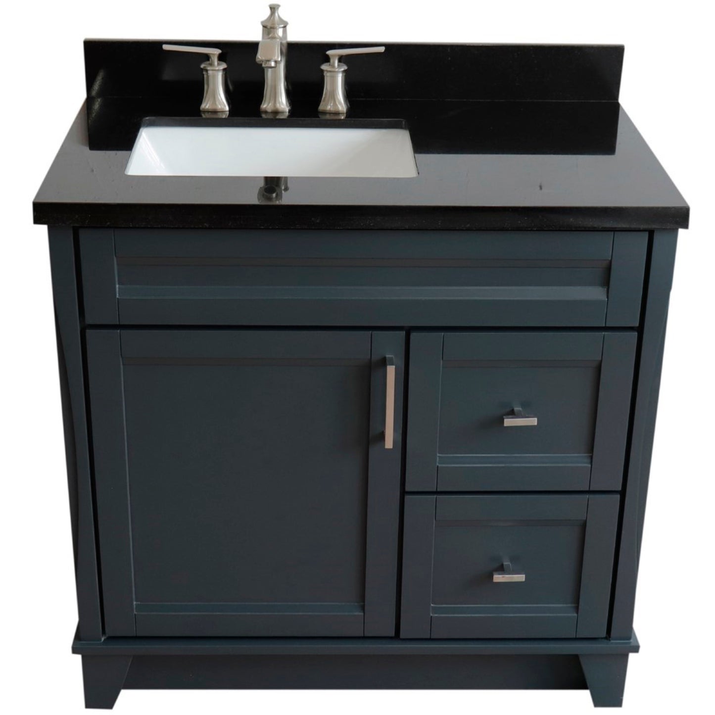 37" Single sink vanity in Dark Gray finish with Black galaxy granite and Left door/Left sink
