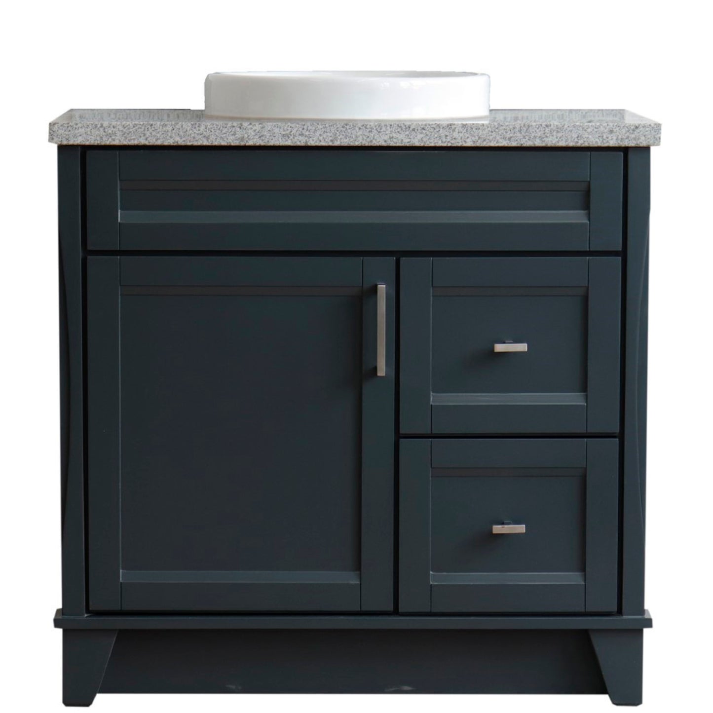 37" Single sink vanity in Dark Gray finish with Gray granite and Left door/Round Center sink