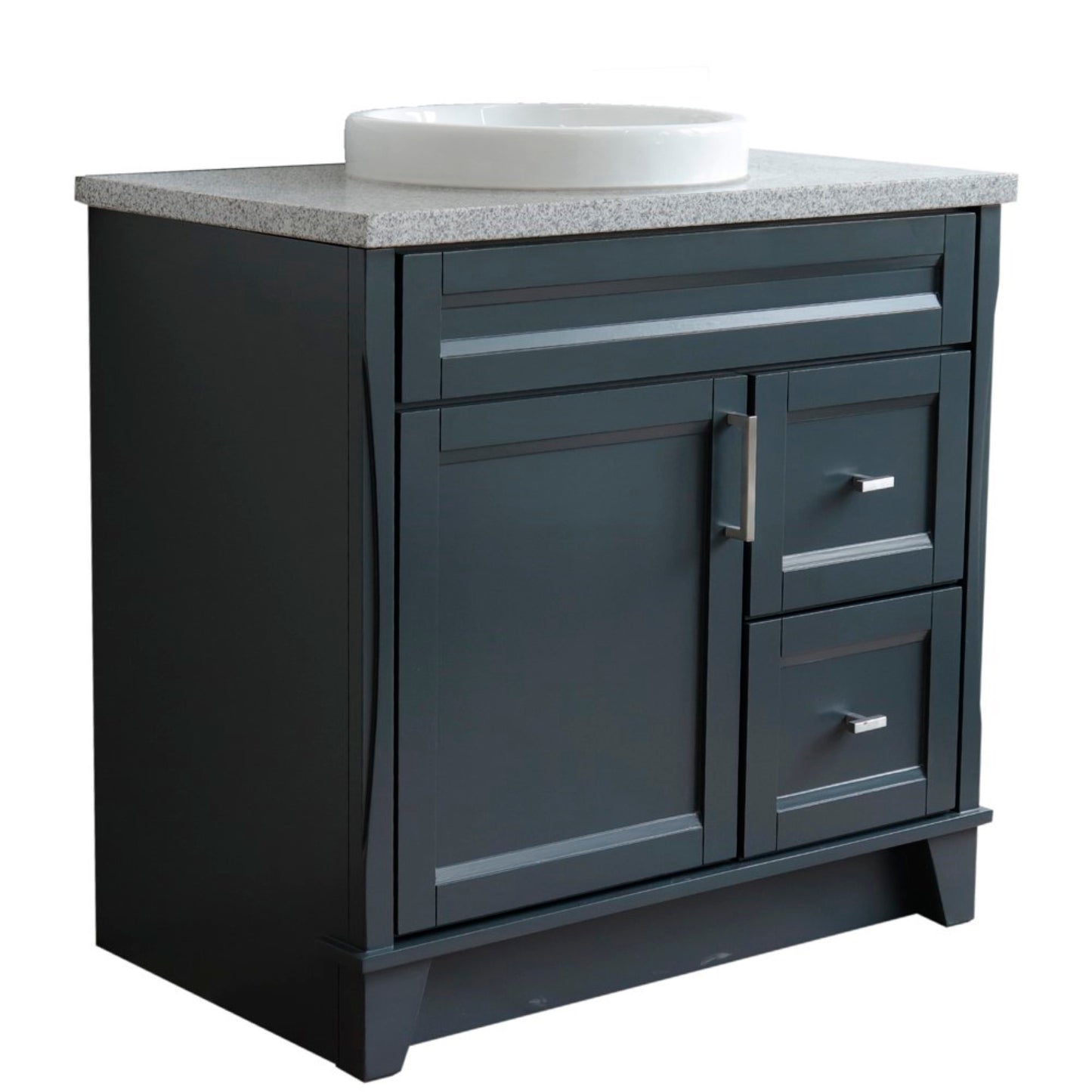 37" Single sink vanity in Dark Gray finish with Gray granite and Left door/Round Center sink