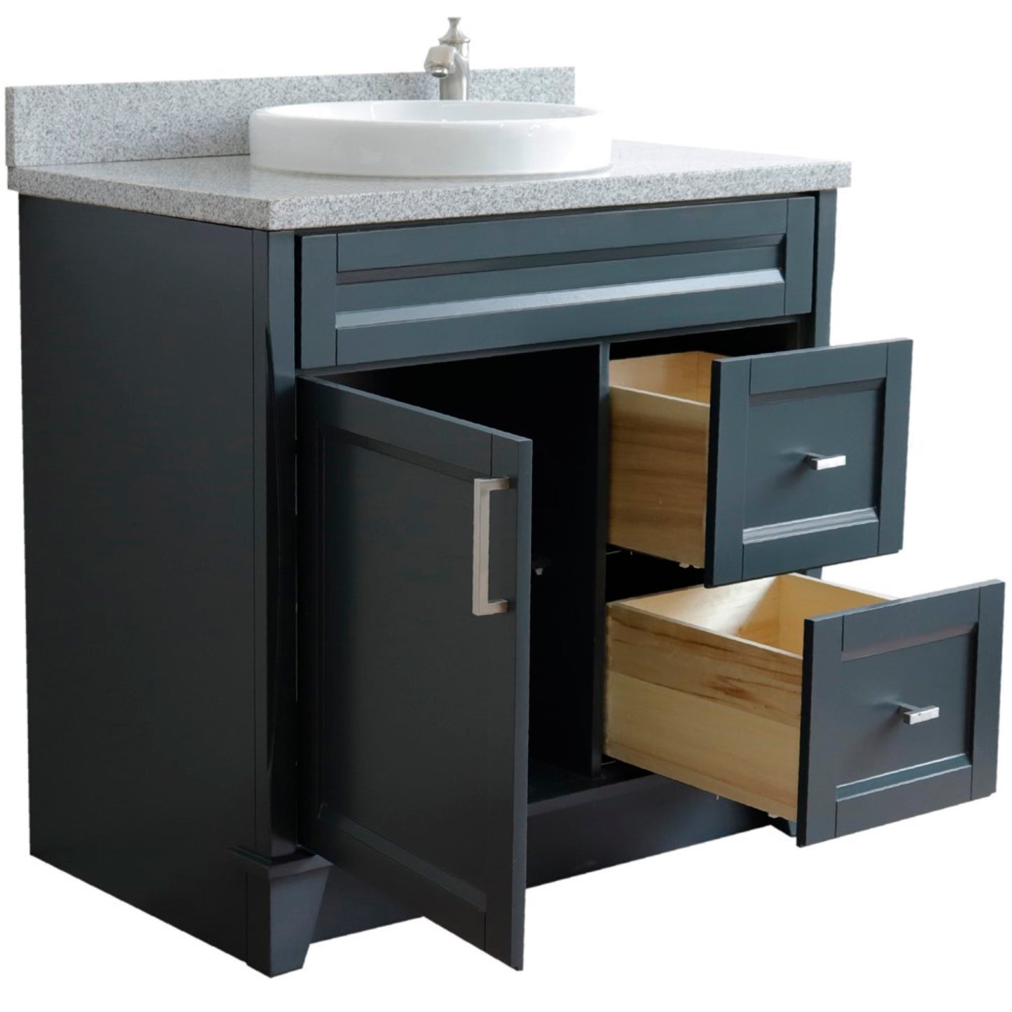 37" Single sink vanity in Dark Gray finish with Gray granite and Left door/Round Center sink