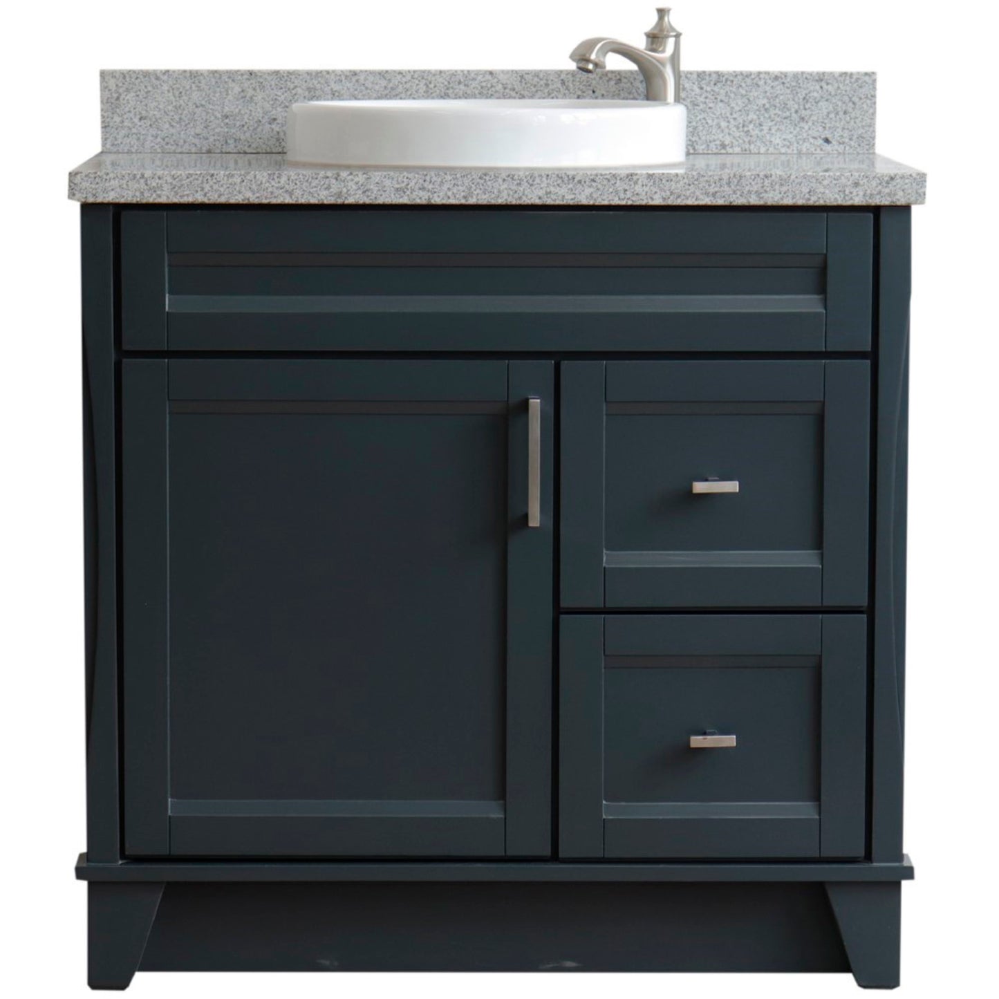 37" Single sink vanity in Dark Gray finish with Gray granite and Left door/Round Center sink