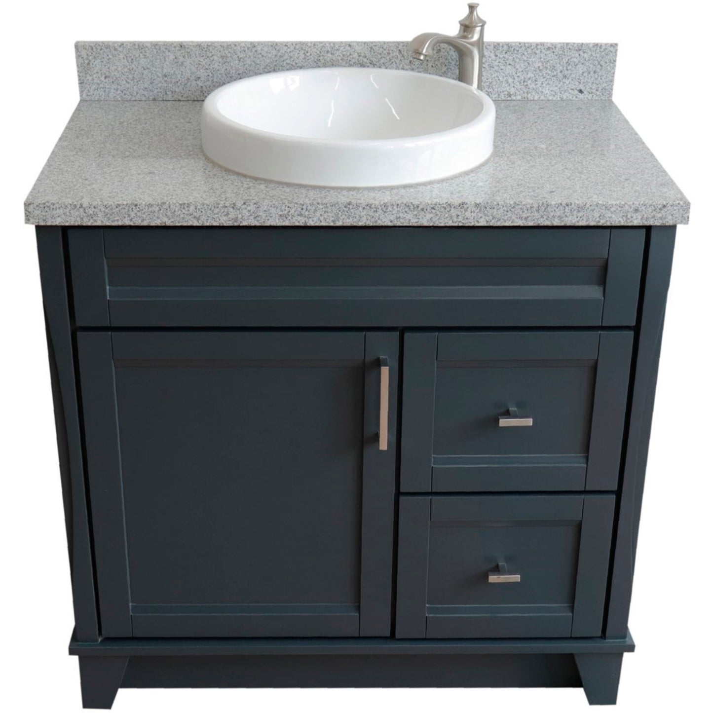 37" Single sink vanity in Dark Gray finish with Gray granite and Left door/Round Center sink