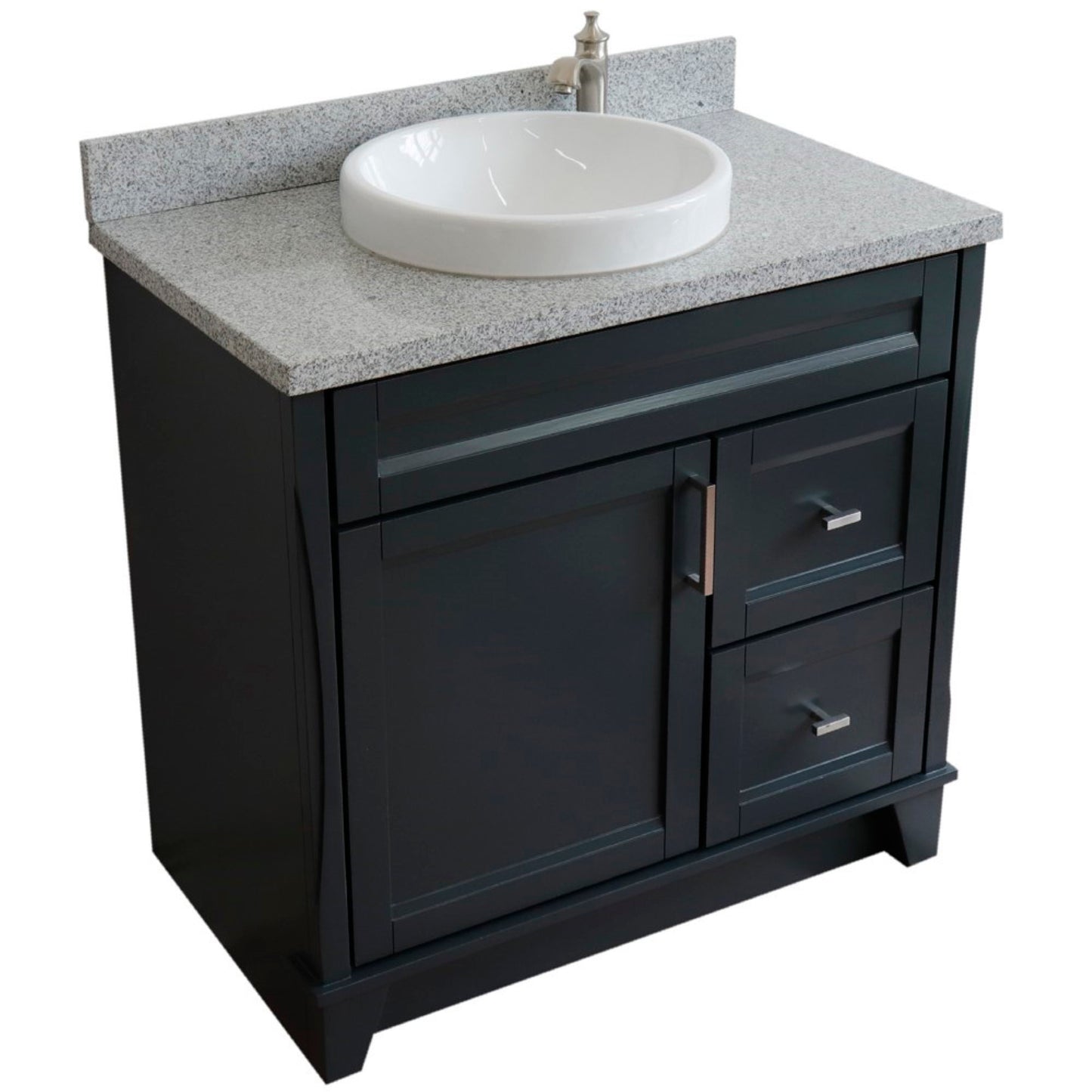37" Single sink vanity in Dark Gray finish with Gray granite and Left door/Round Center sink