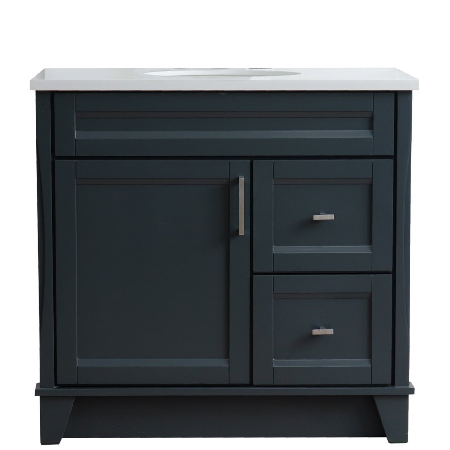 37" Single sink vanity in Dark Gray finish with White engineered stone and Left door/Center sink