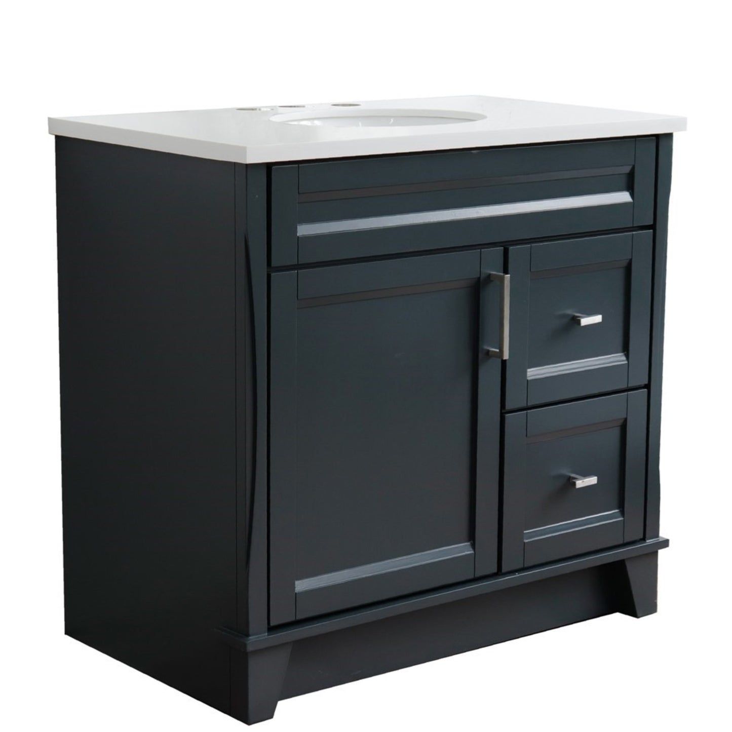 37" Single sink vanity in Dark Gray finish with White engineered stone and Left door/Center sink