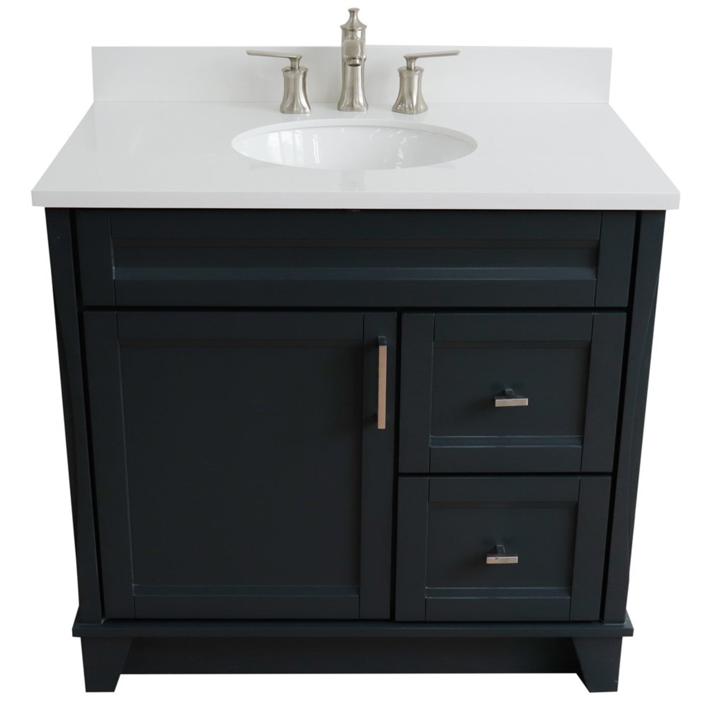 37" Single sink vanity in Dark Gray finish with White engineered stone and Left door/Center sink