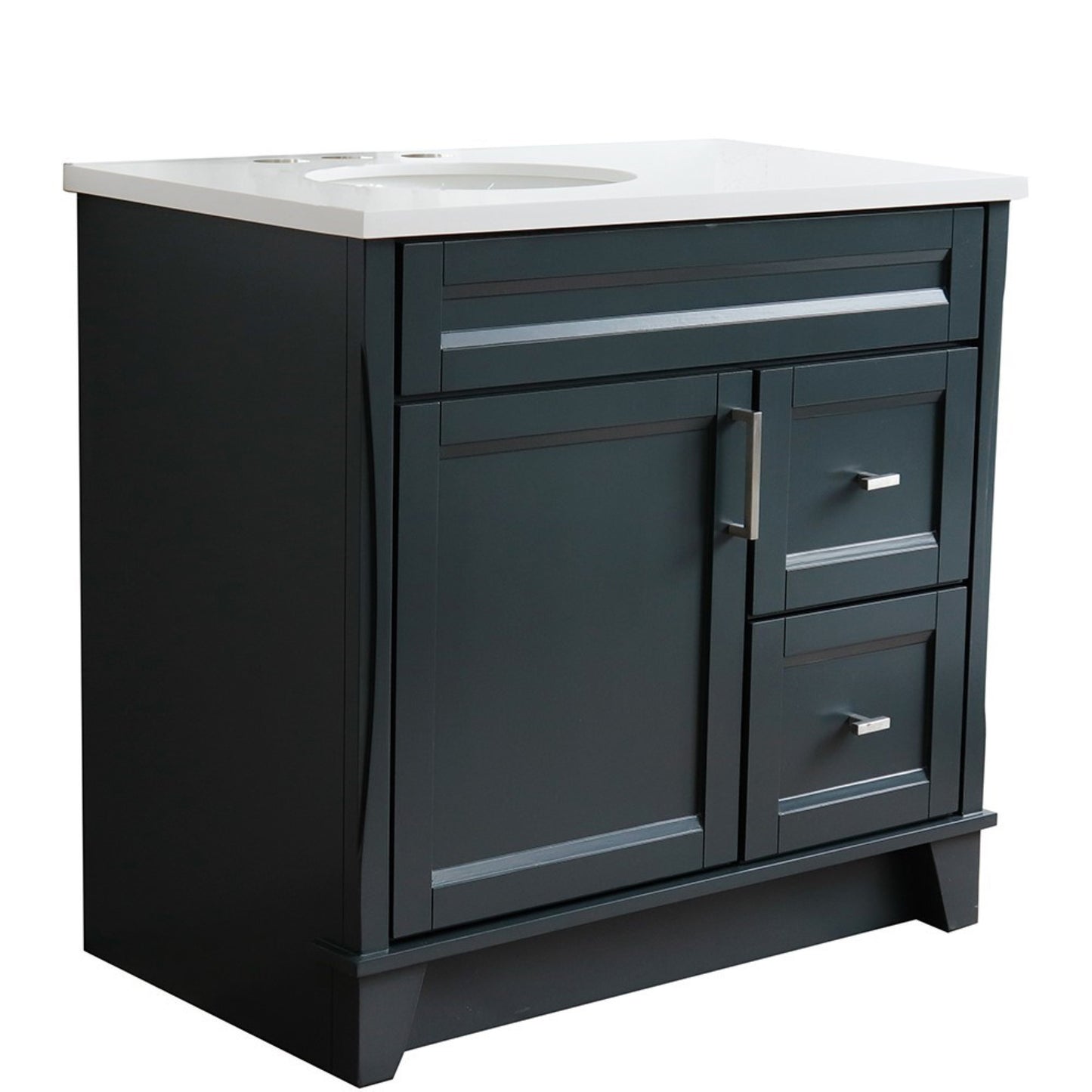 37" Single sink vanity in Dark Gray finish with White engineered stone and Left door/Left sink