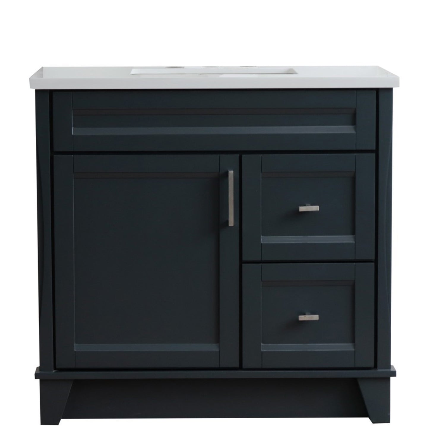 37" Single sink vanity in Dark Gray finish with White engineered stone and Left door/Center sink