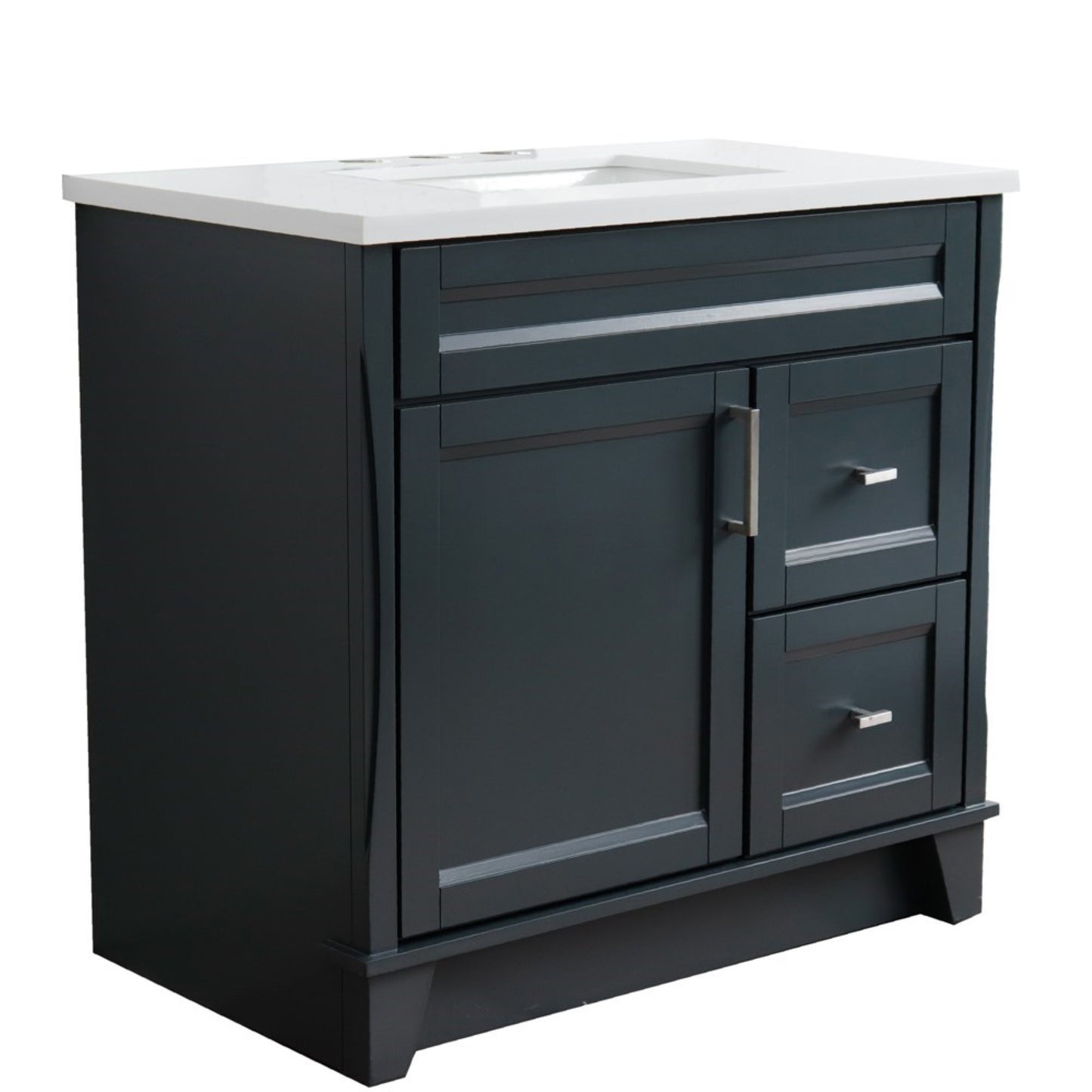 37" Single sink vanity in Dark Gray finish with White engineered stone and Left door/Center sink