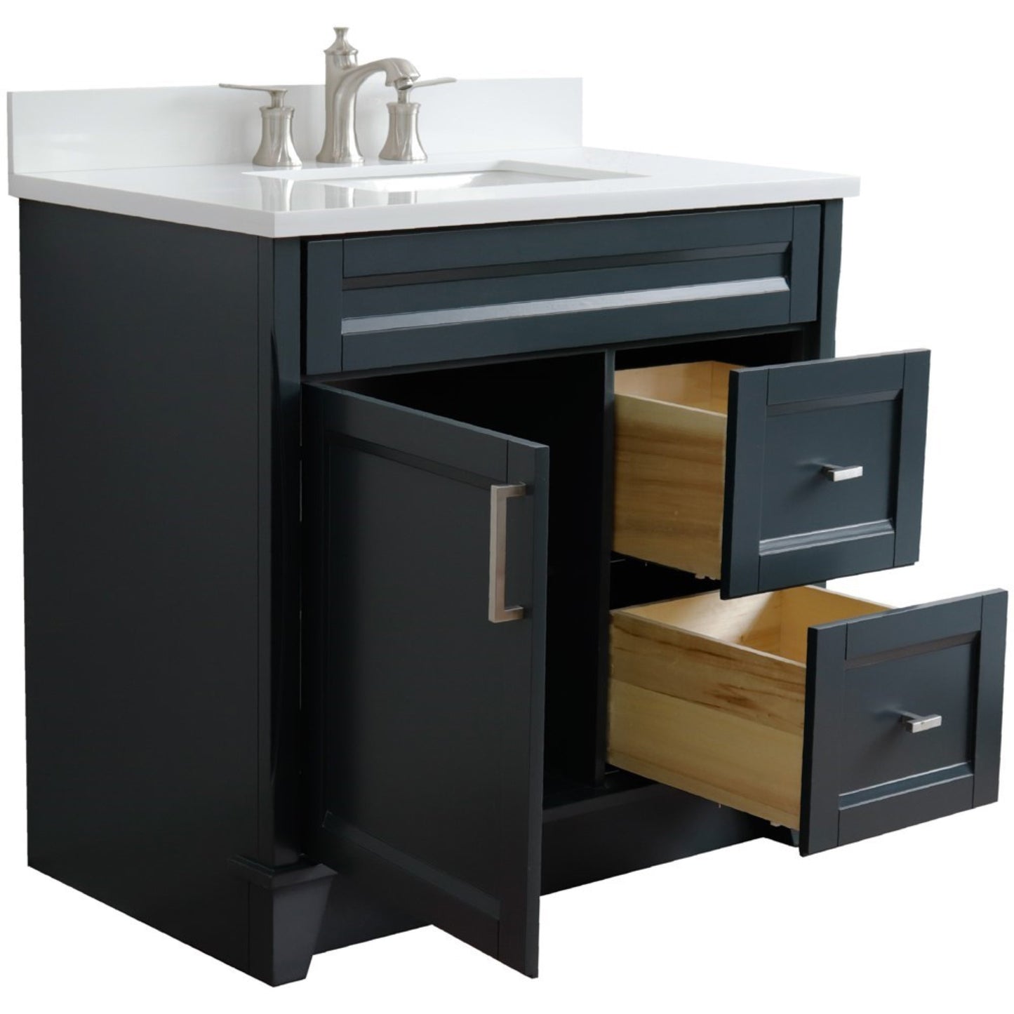 37" Single sink vanity in Dark Gray finish with White engineered stone and Left door/Center sink