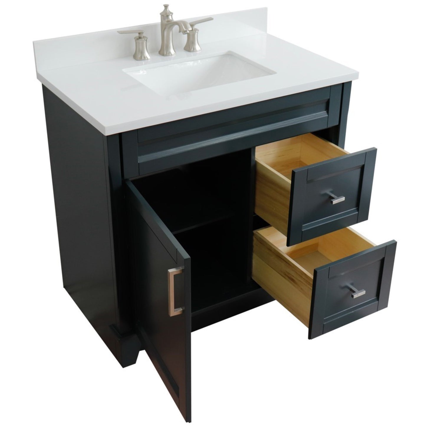 37" Single sink vanity in Dark Gray finish with White engineered stone and Left door/Center sink
