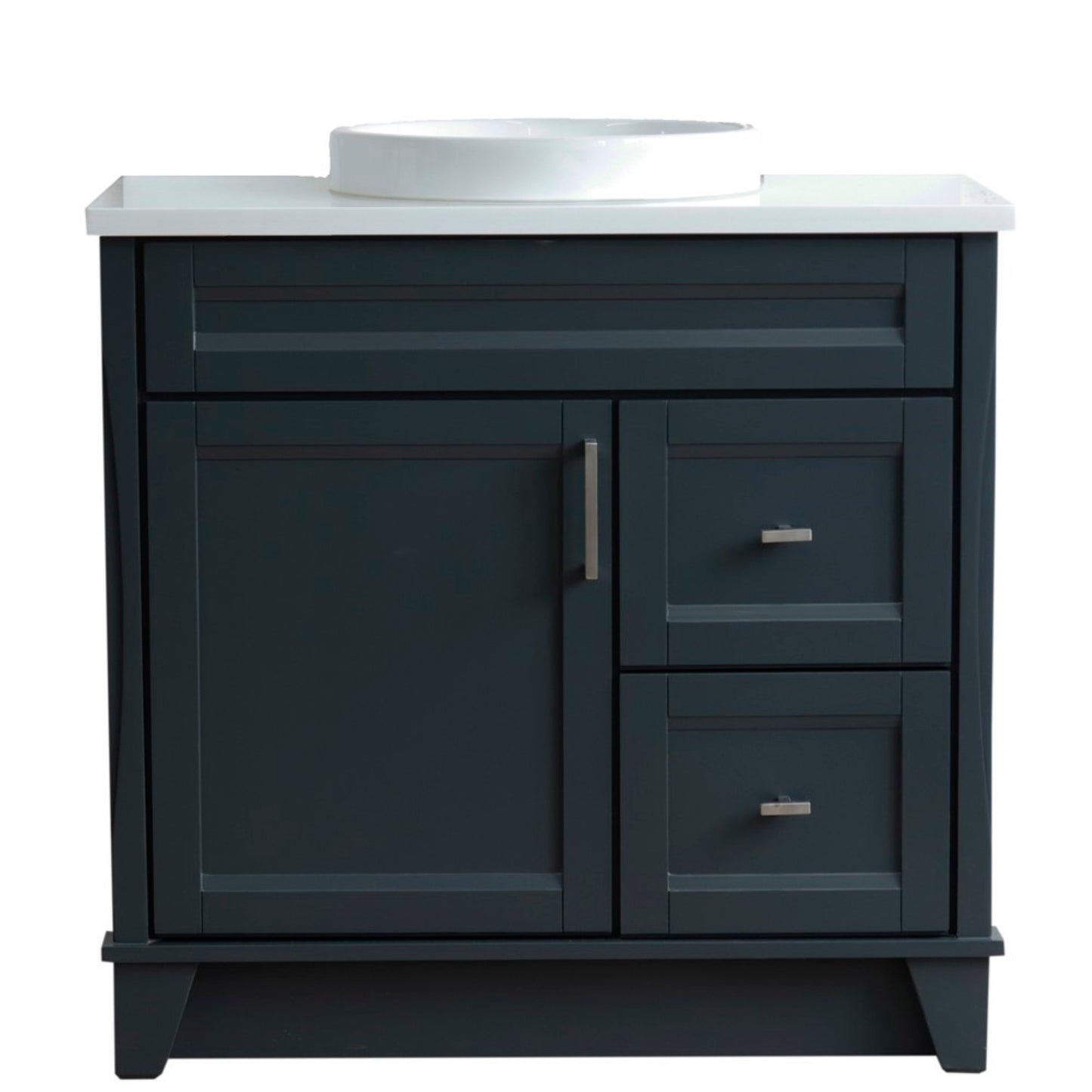37" Single sink vanity in Dark Gray finish with White engineered stone and Left door/Round Center sink