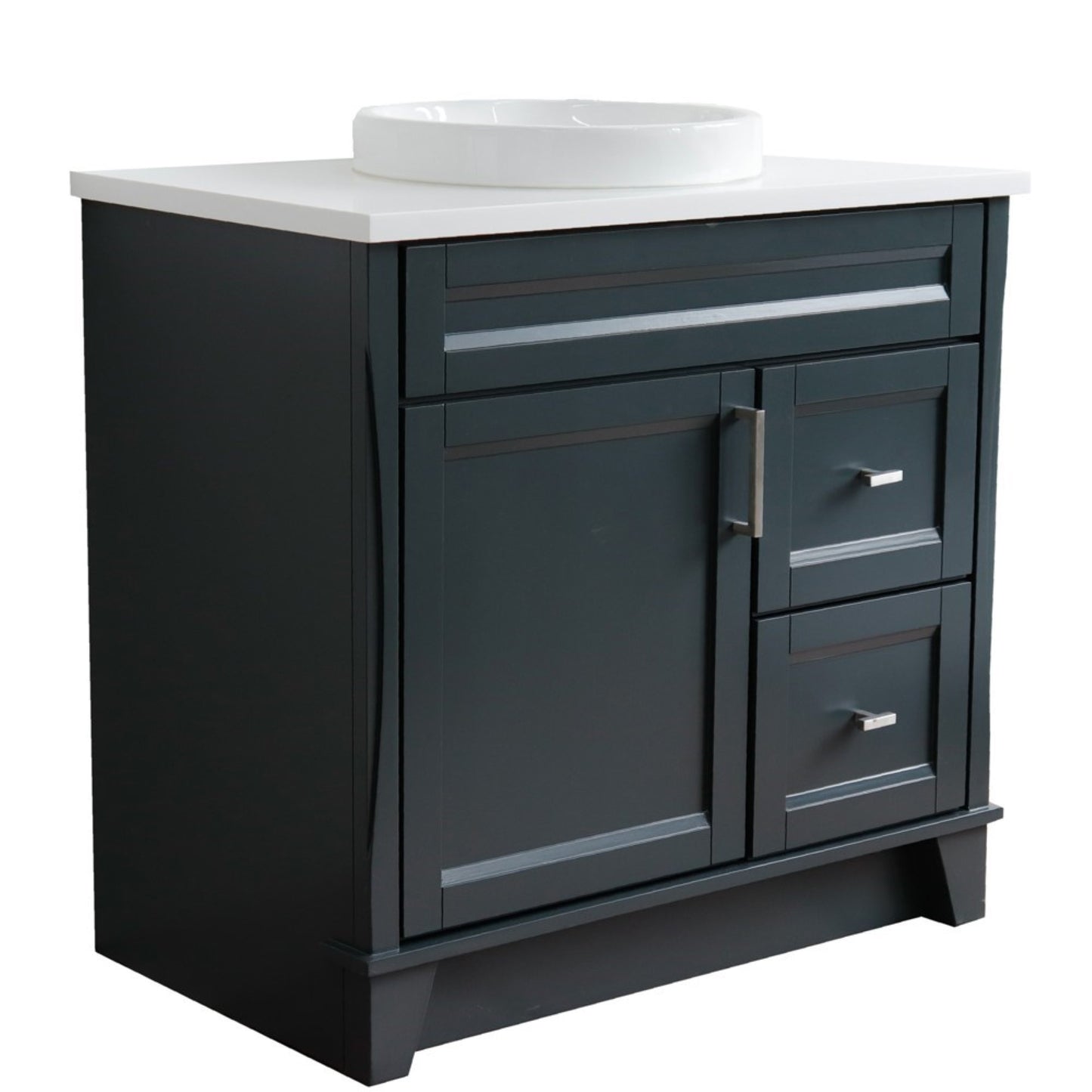 37" Single sink vanity in Dark Gray finish with White engineered stone and Left door/Round Center sink