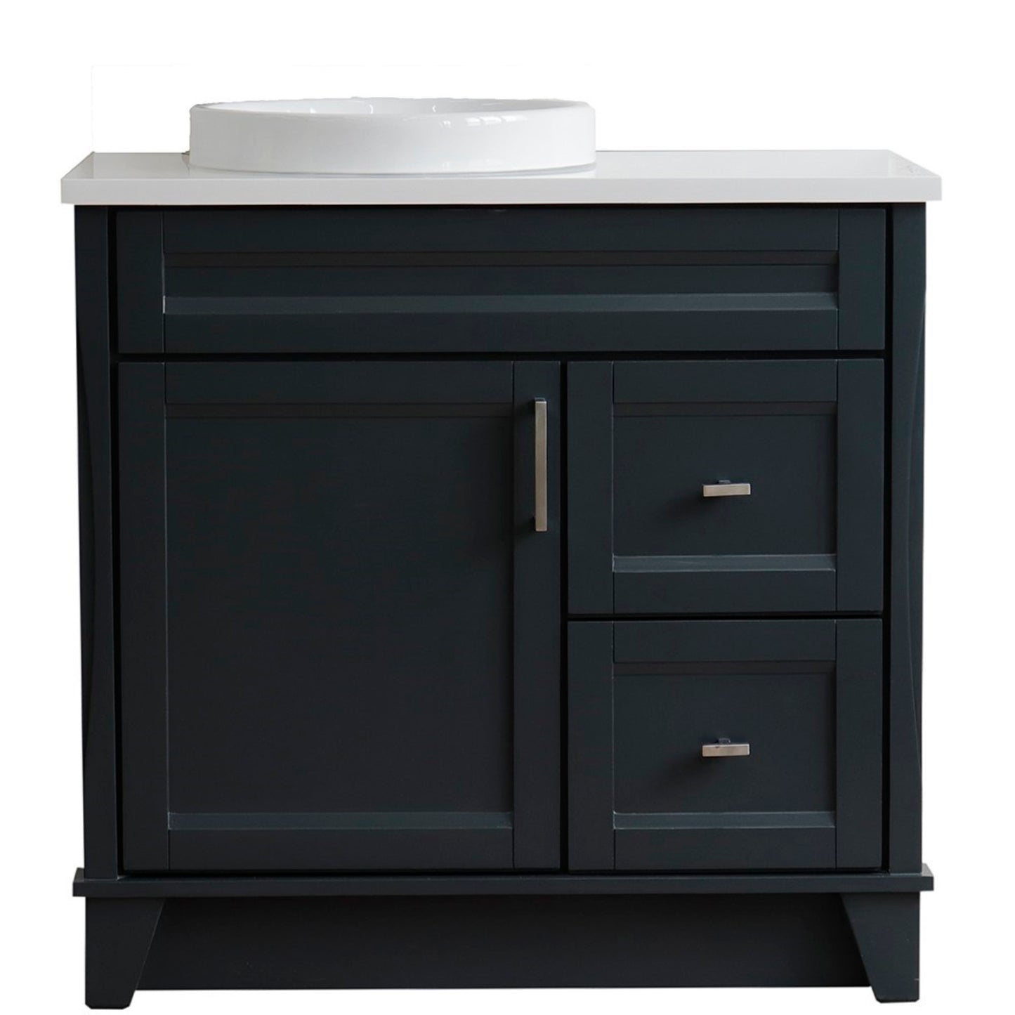 37" Single sink vanity in Dark Gray finish with White engineered stone and Left door/Round Left sink