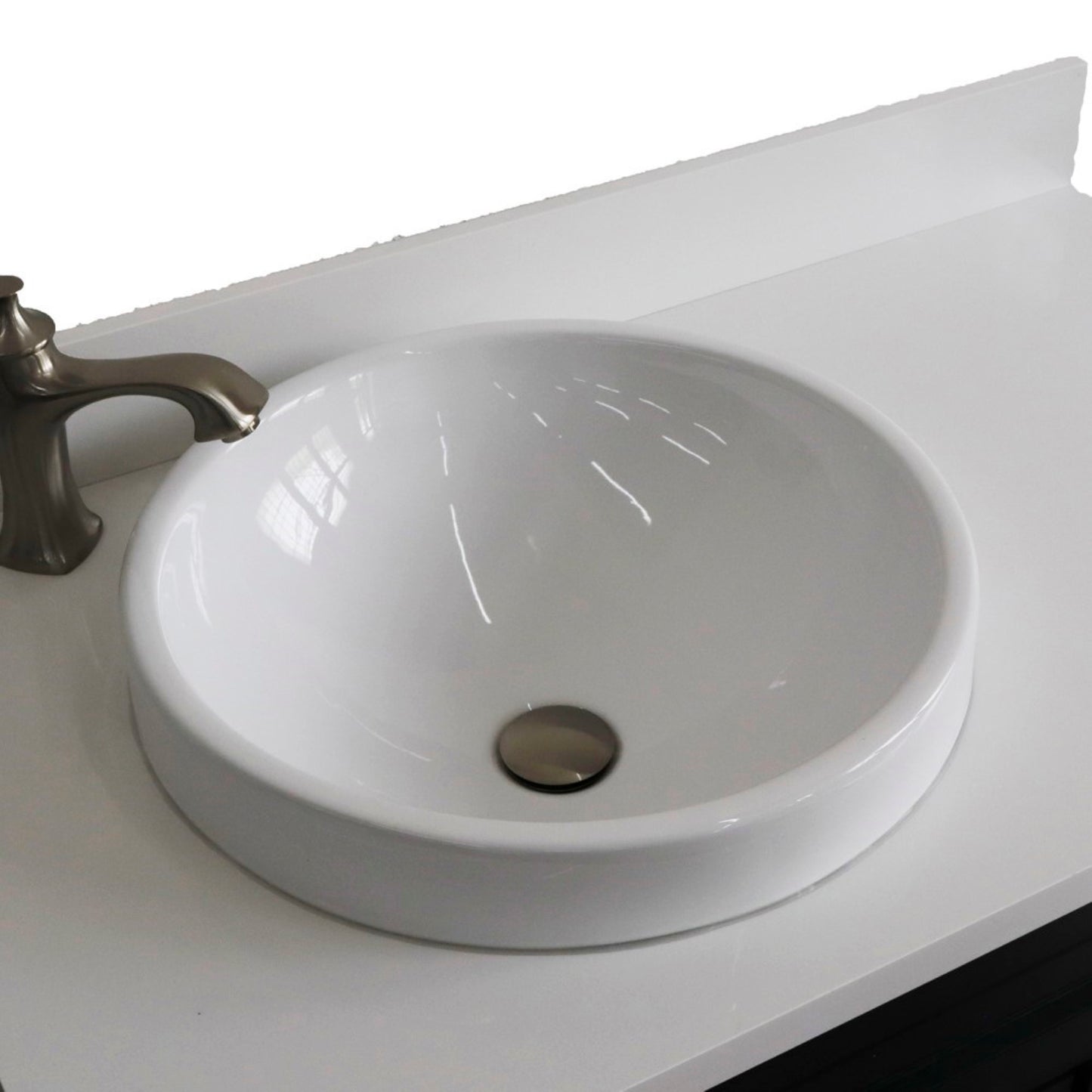 37" Single sink vanity in Dark Gray finish with White engineered stone and Left door/Round Left sink