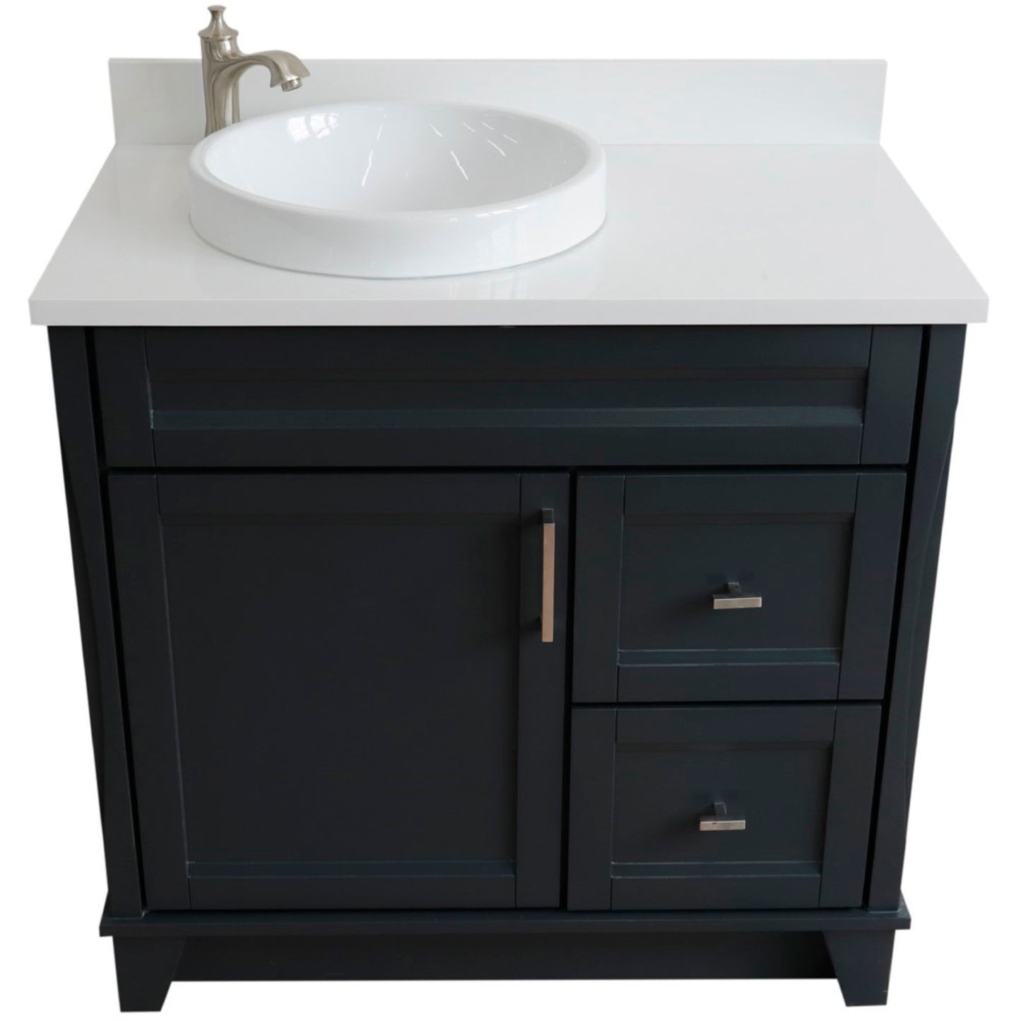37" Single sink vanity in Dark Gray finish with White engineered stone and Left door/Round Left sink