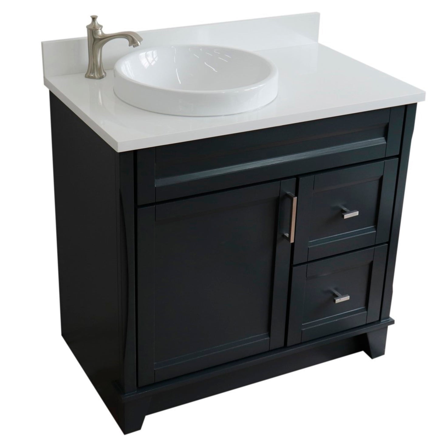 37" Single sink vanity in Dark Gray finish with White engineered stone and Left door/Round Left sink