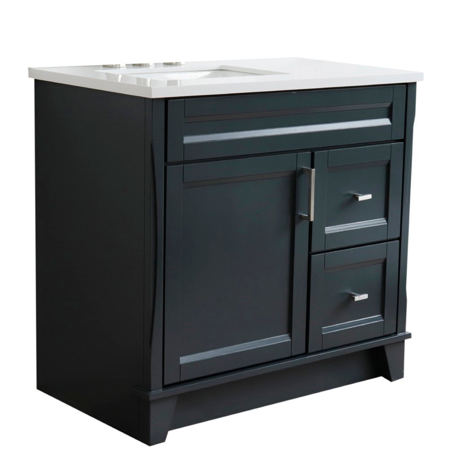 37" Single sink vanity in Dark Gray finish with White engineered stone and Left door/Left sink