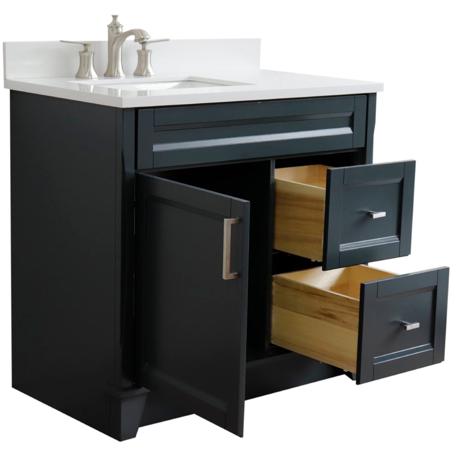 37" Single sink vanity in Dark Gray finish with White engineered stone and Left door/Left sink