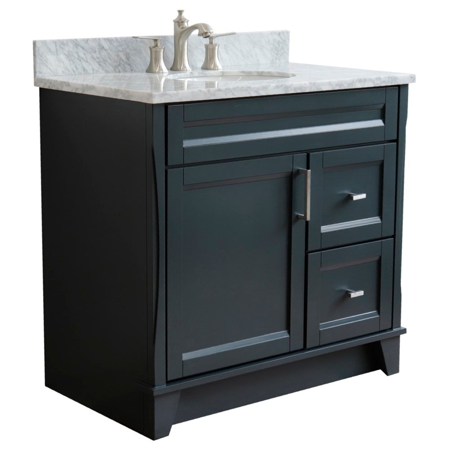 37" Single sink vanity in Dark Gray finish with White Carrara marble and Left door/Center sink