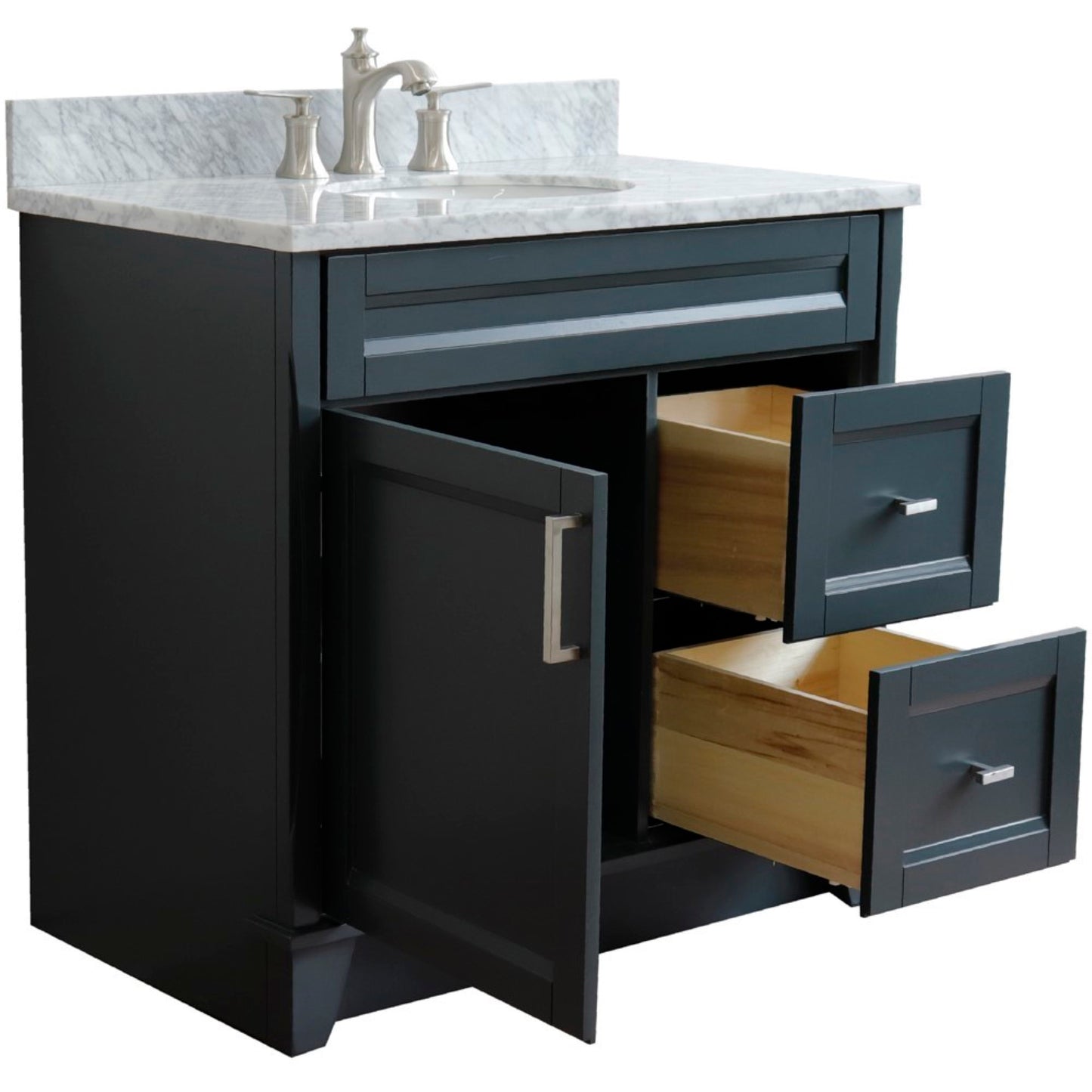37" Single sink vanity in Dark Gray finish with White Carrara marble and Left door/Center sink