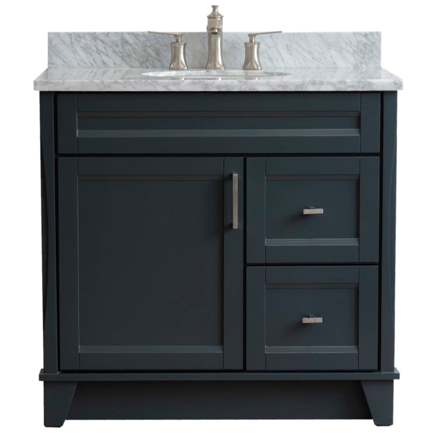 37" Single sink vanity in Dark Gray finish with White Carrara marble and Left door/Center sink
