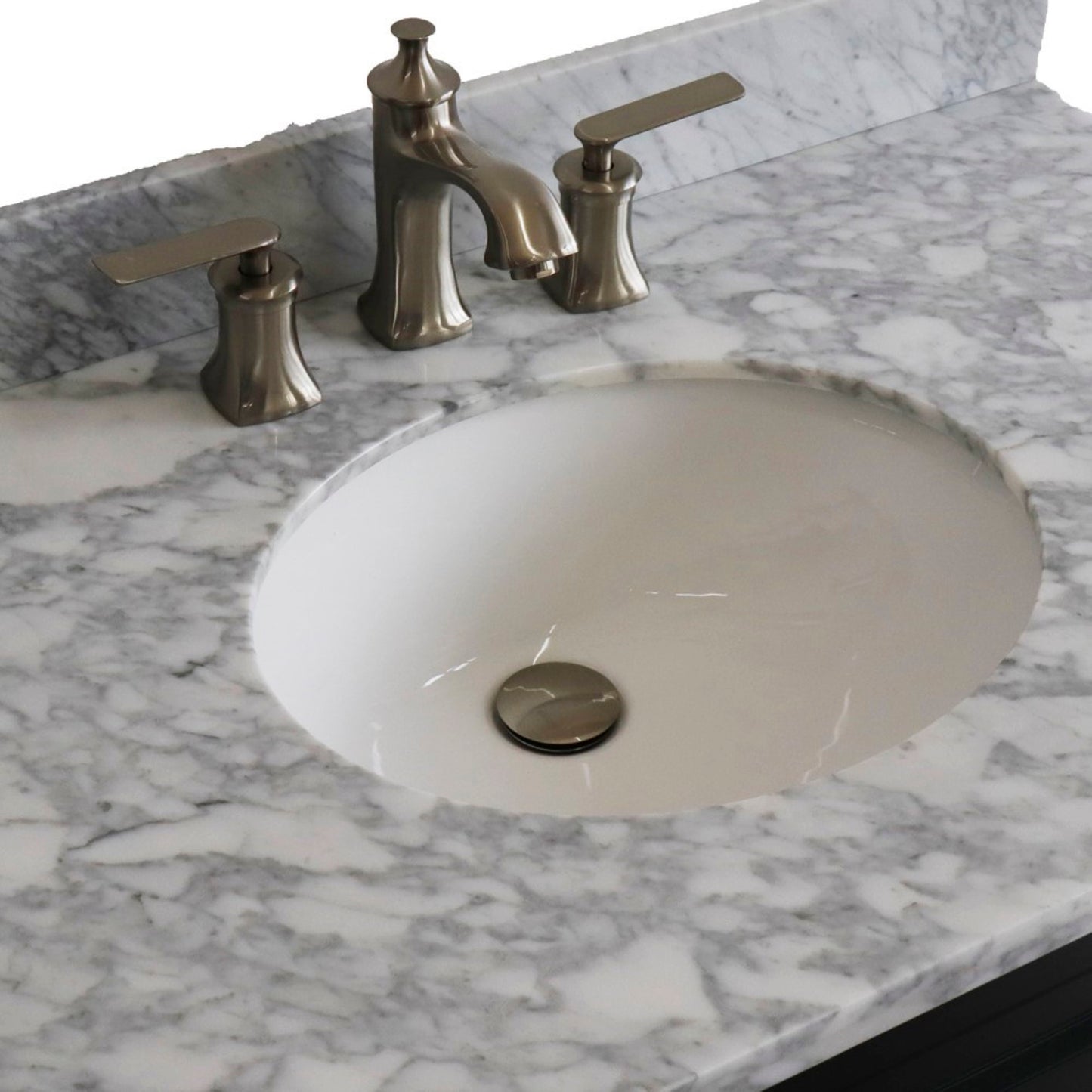 37" Single sink vanity in Dark Gray finish with White Carrara marble and Left door/Center sink