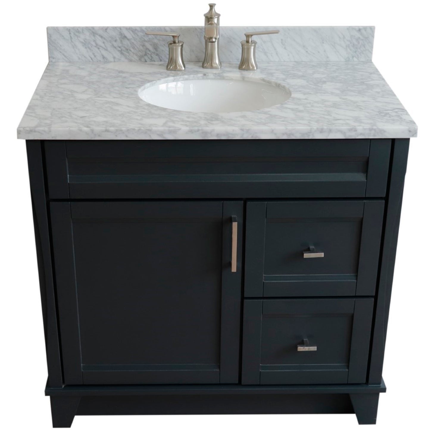 37" Single sink vanity in Dark Gray finish with White Carrara marble and Left door/Center sink