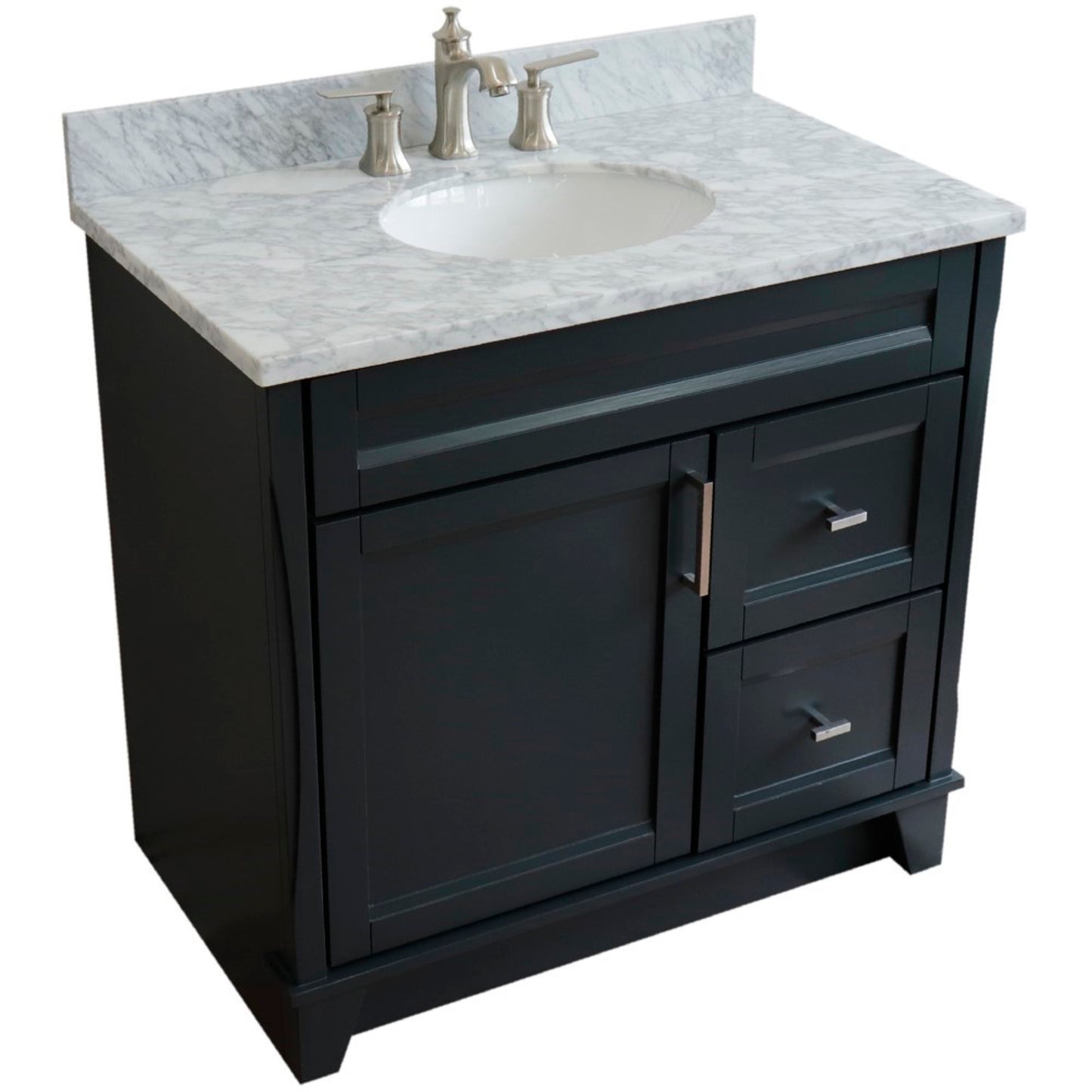 37" Single sink vanity in Dark Gray finish with White Carrara marble and Left door/Center sink