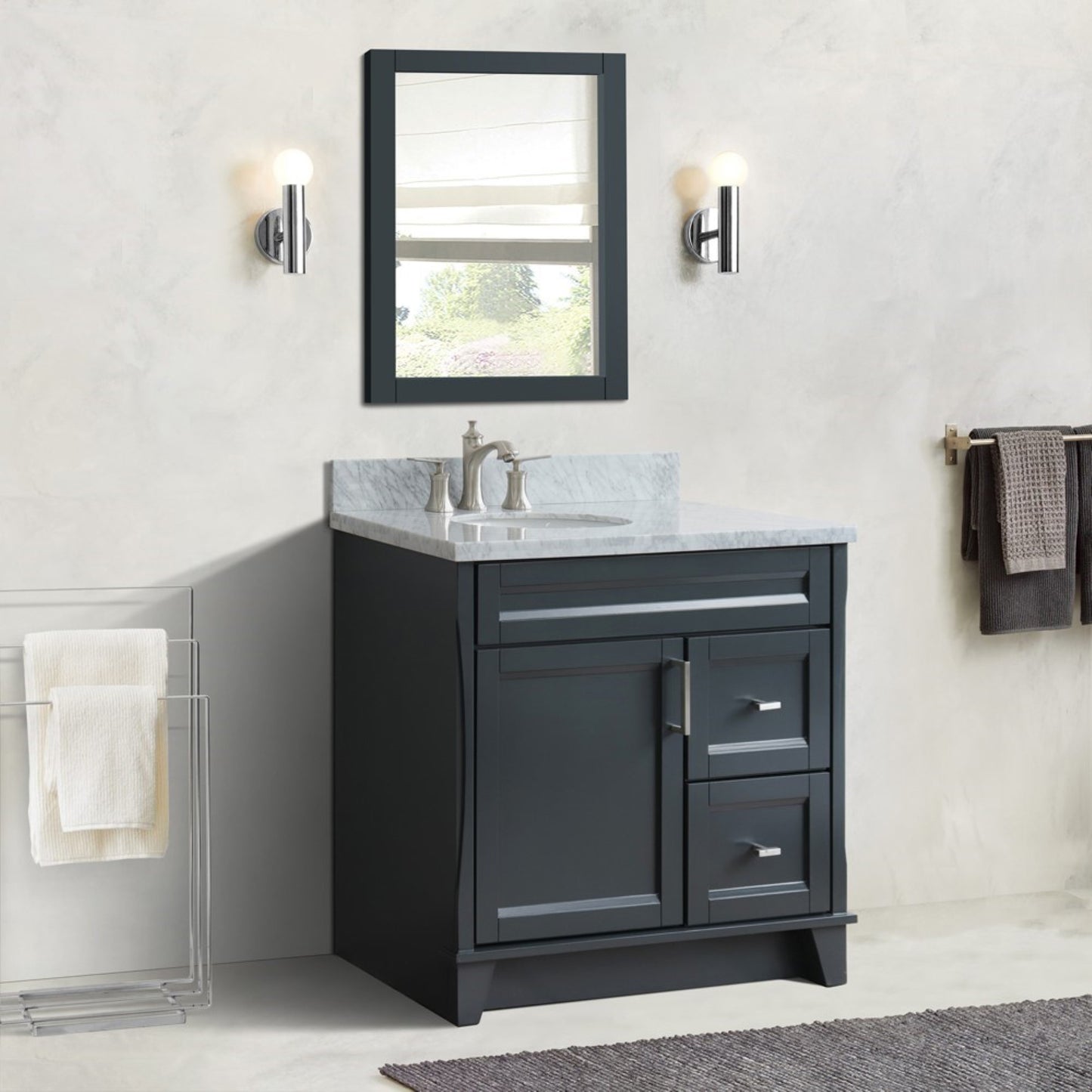 37" Single sink vanity in Dark Gray finish with White Carrara marble and Left door/Left sink