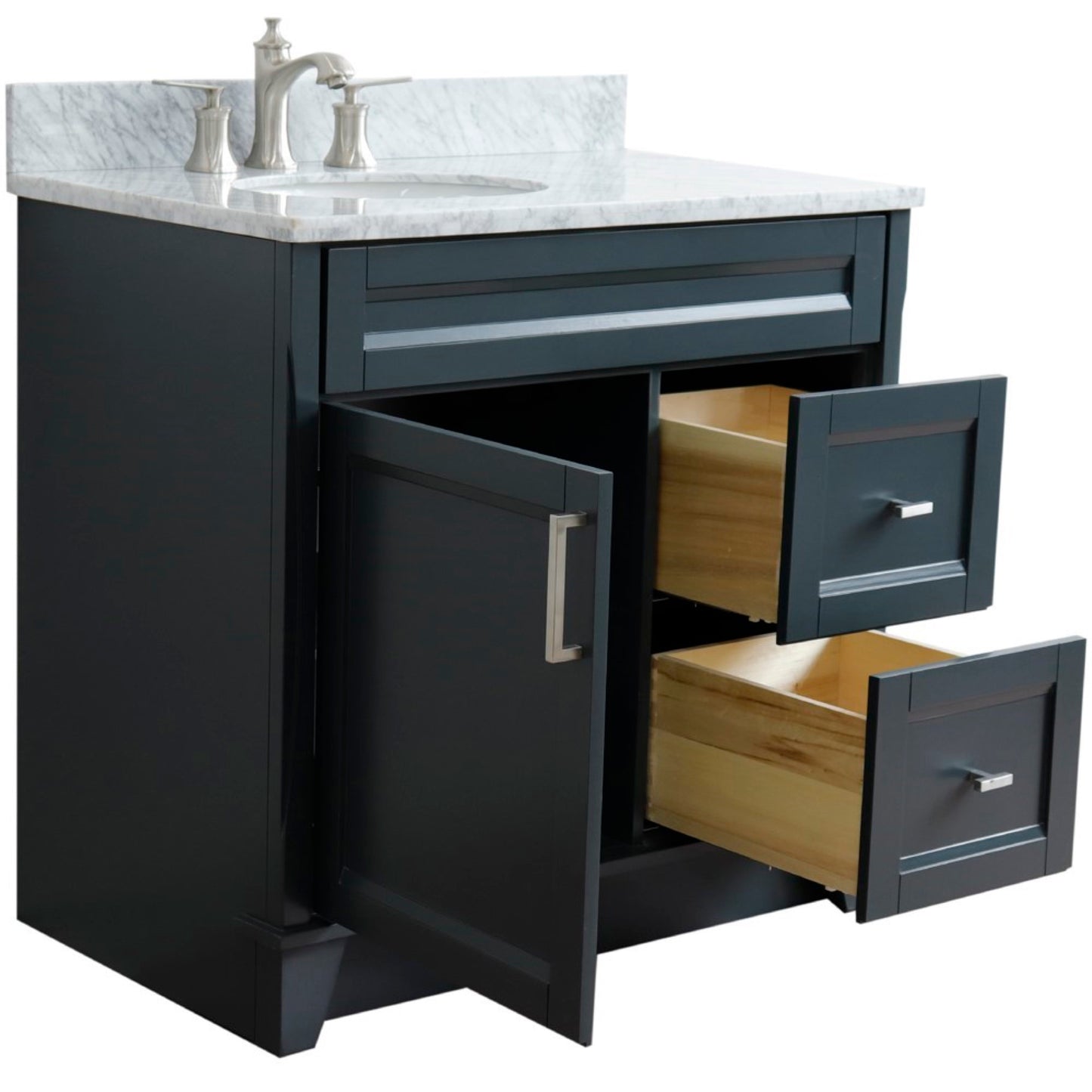 37" Single sink vanity in Dark Gray finish with White Carrara marble and Left door/Left sink