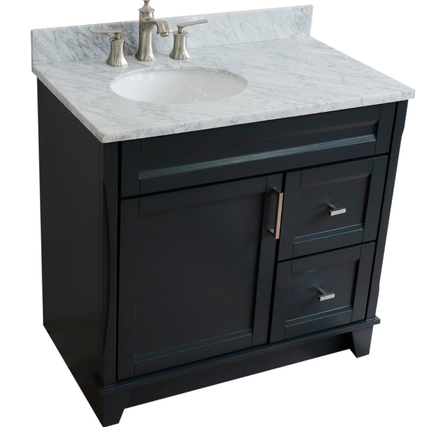 37" Single sink vanity in Dark Gray finish with White Carrara marble and Left door/Left sink