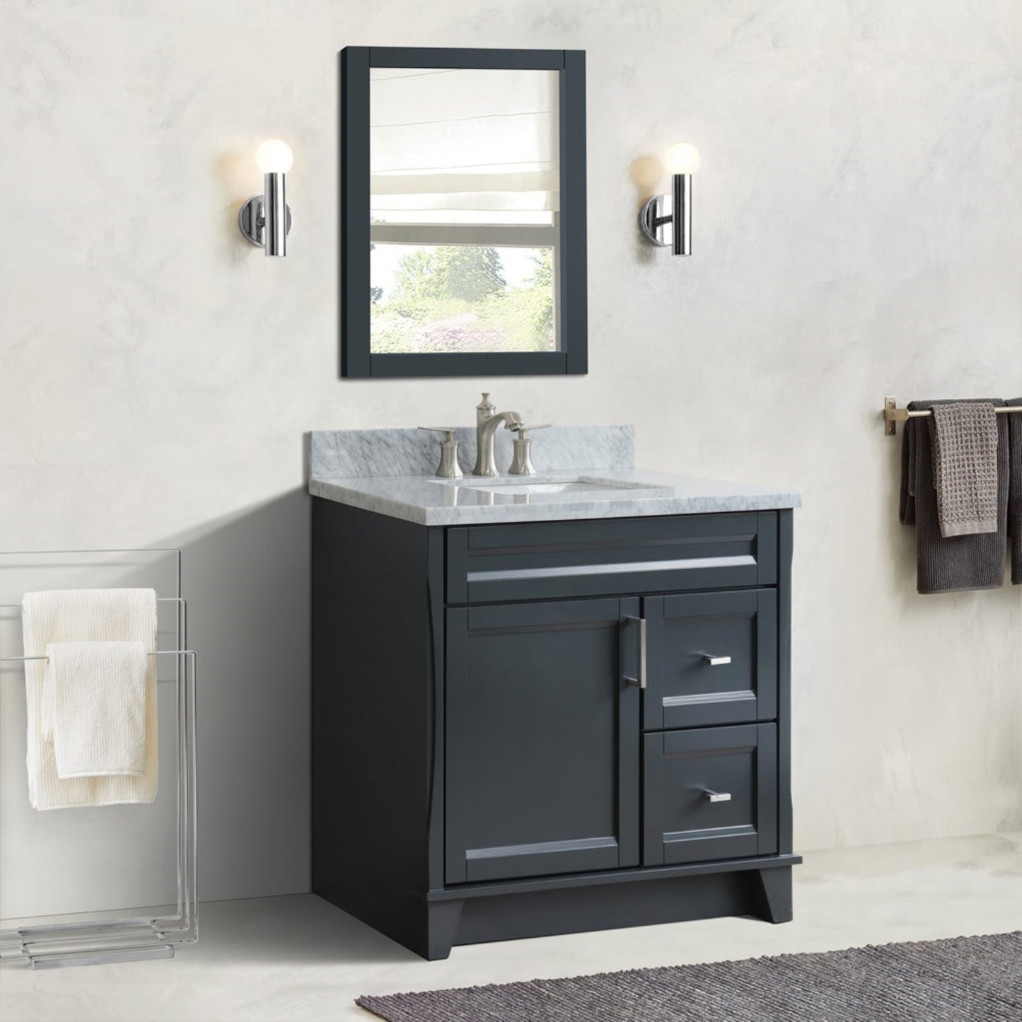 37" Single sink vanity in Dark Gray finish with White Carrara marble and Left door/Center sink