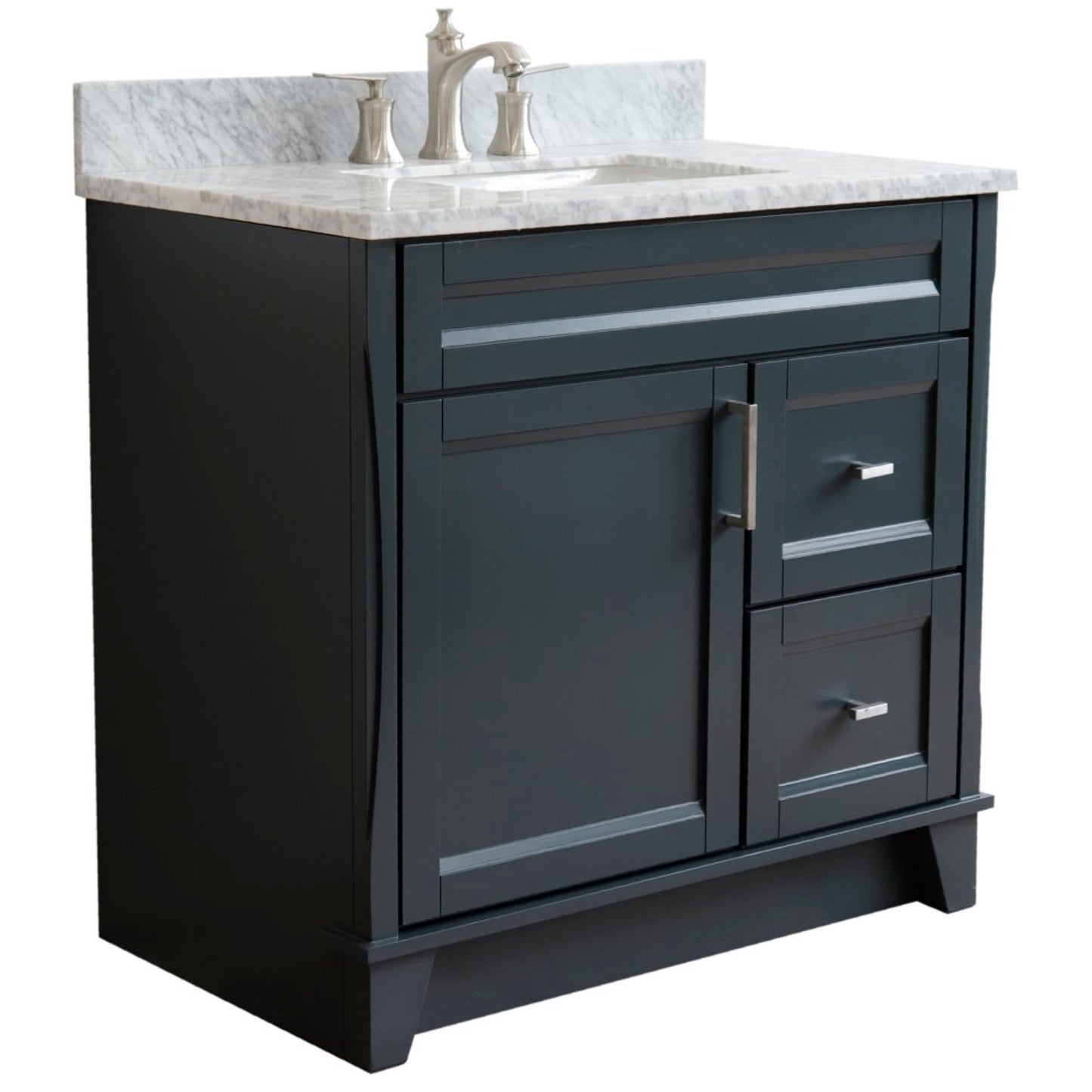 37" Single sink vanity in Dark Gray finish with White Carrara marble and Left door/Center sink