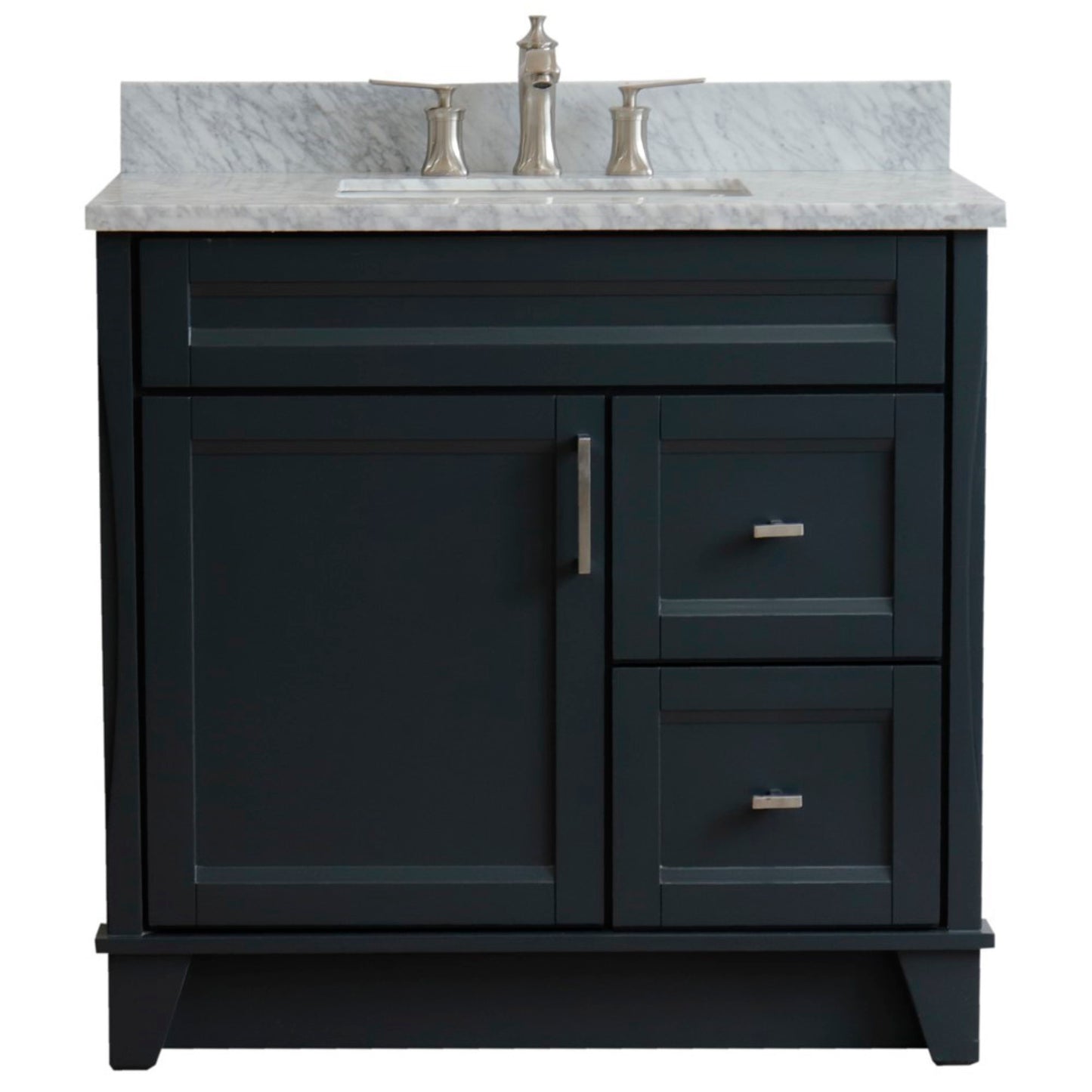 37" Single sink vanity in Dark Gray finish with White Carrara marble and Left door/Center sink