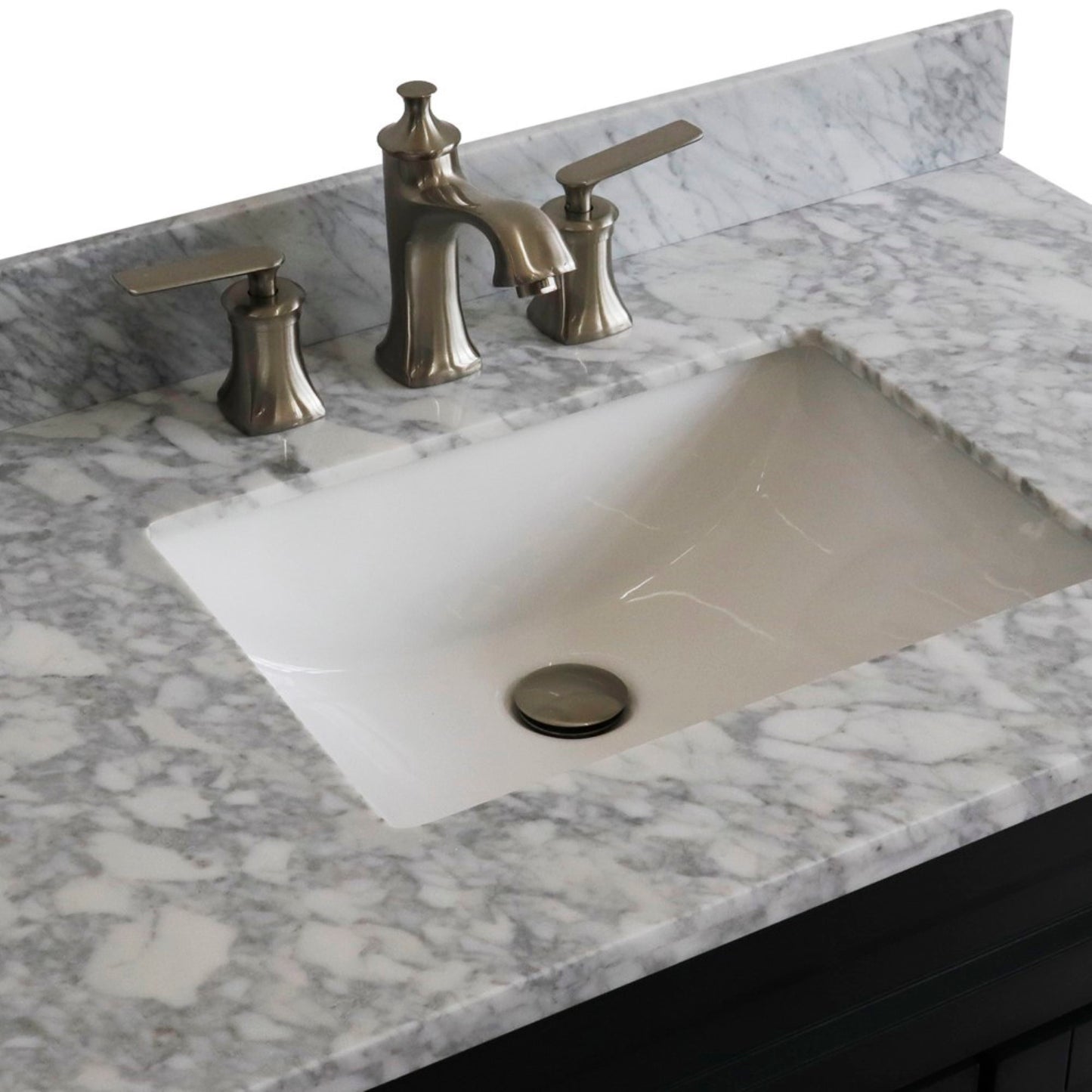 37" Single sink vanity in Dark Gray finish with White Carrara marble and Left door/Center sink