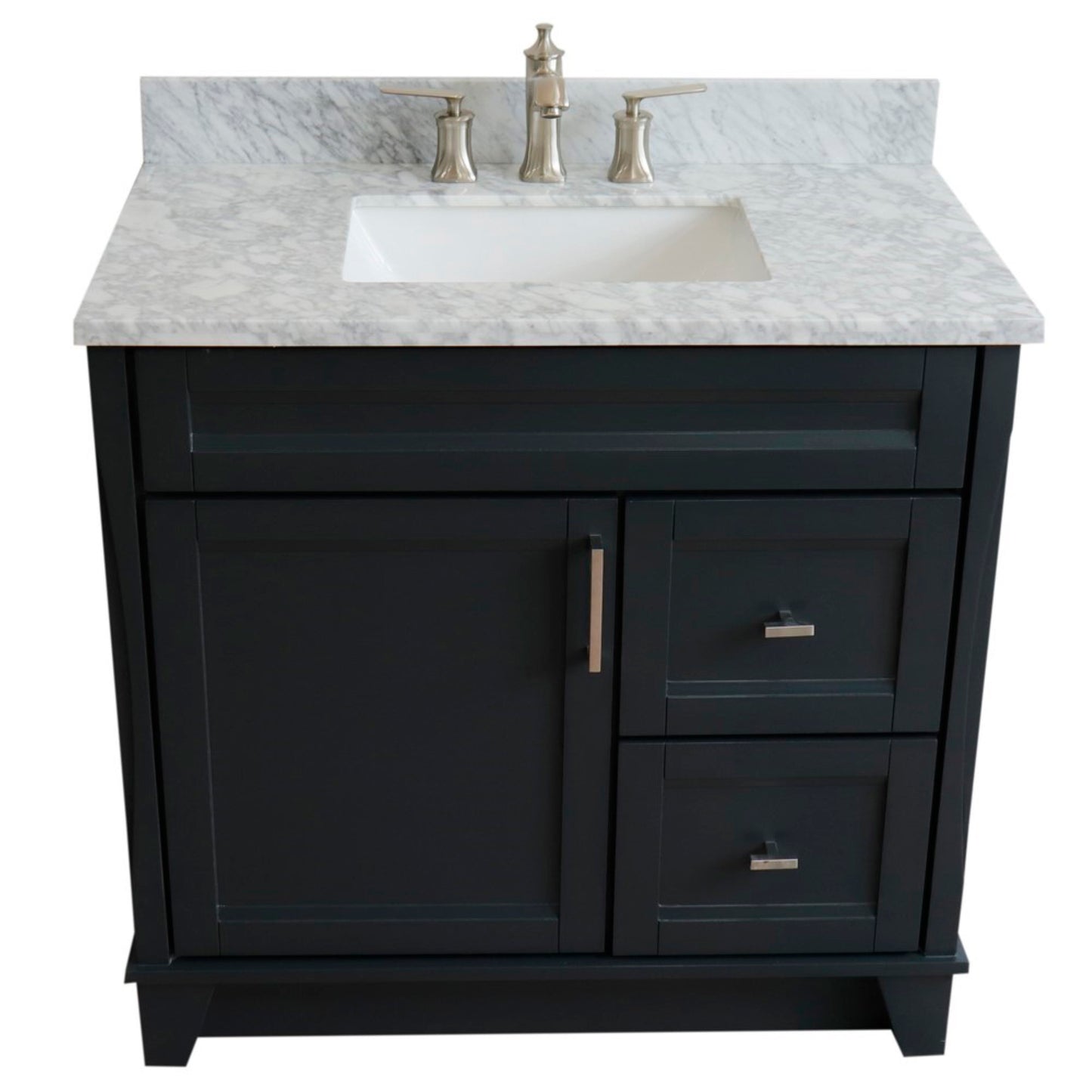 37" Single sink vanity in Dark Gray finish with White Carrara marble and Left door/Center sink