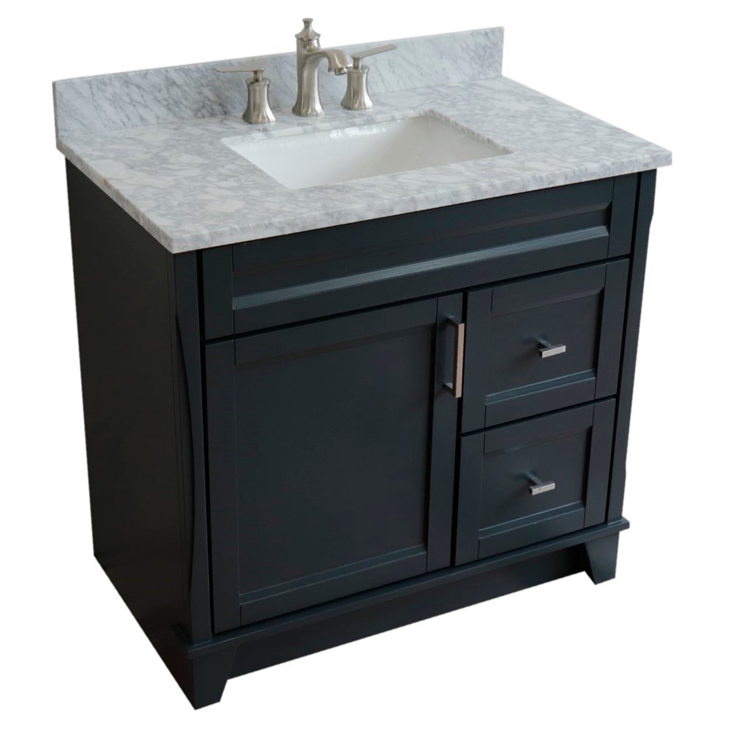 37" Single sink vanity in Dark Gray finish with White Carrara marble and Left door/Center sink