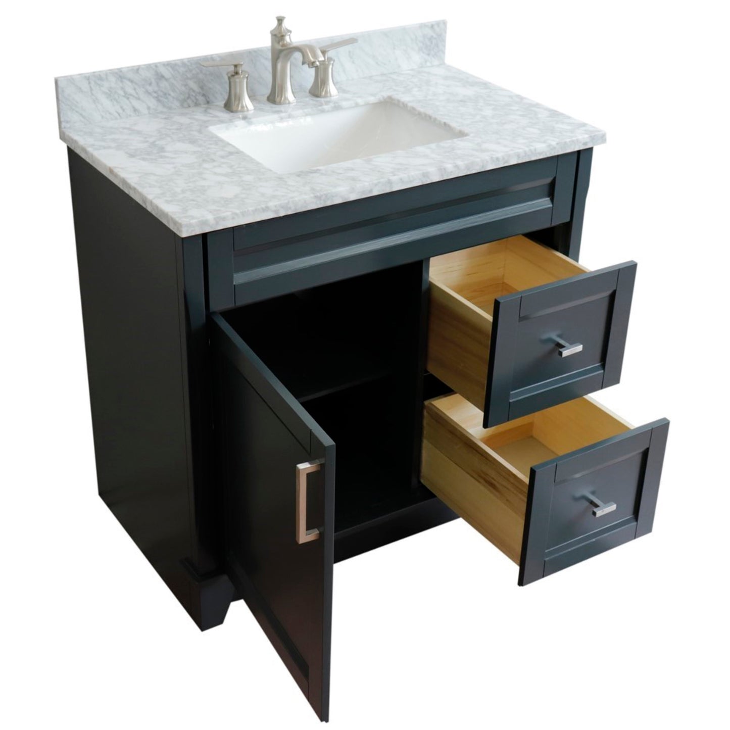 37" Single sink vanity in Dark Gray finish with White Carrara marble and Left door/Center sink