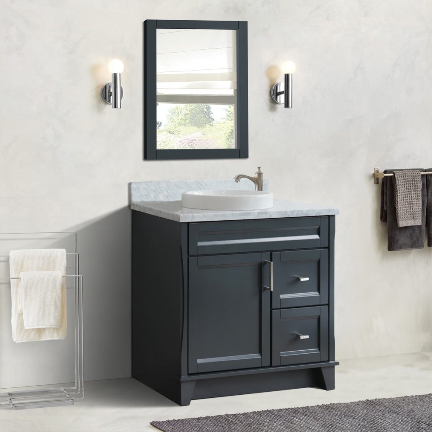 37" Single sink vanity in Dark Gray finish with White Carrara marble and Left door/Round Center sink