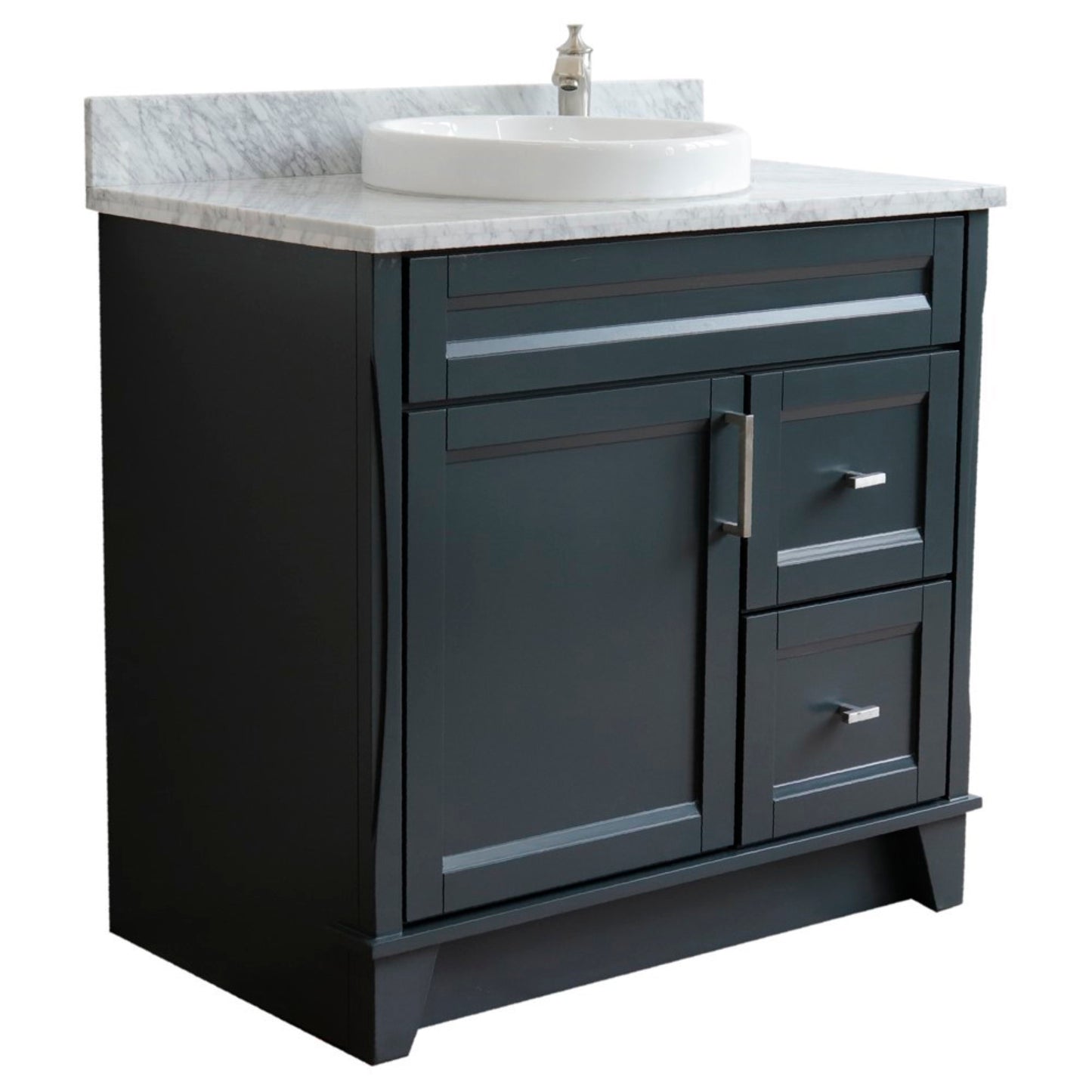 37" Single sink vanity in Dark Gray finish with White Carrara marble and Left door/Round Center sink