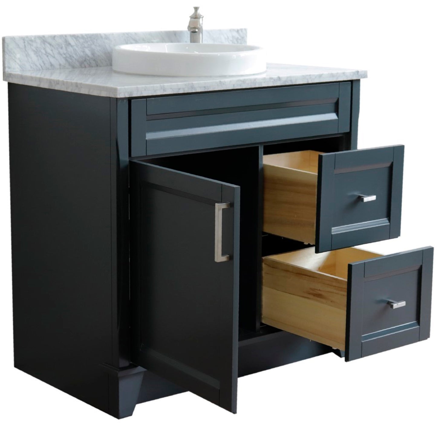 37" Single sink vanity in Dark Gray finish with White Carrara marble and Left door/Round Center sink