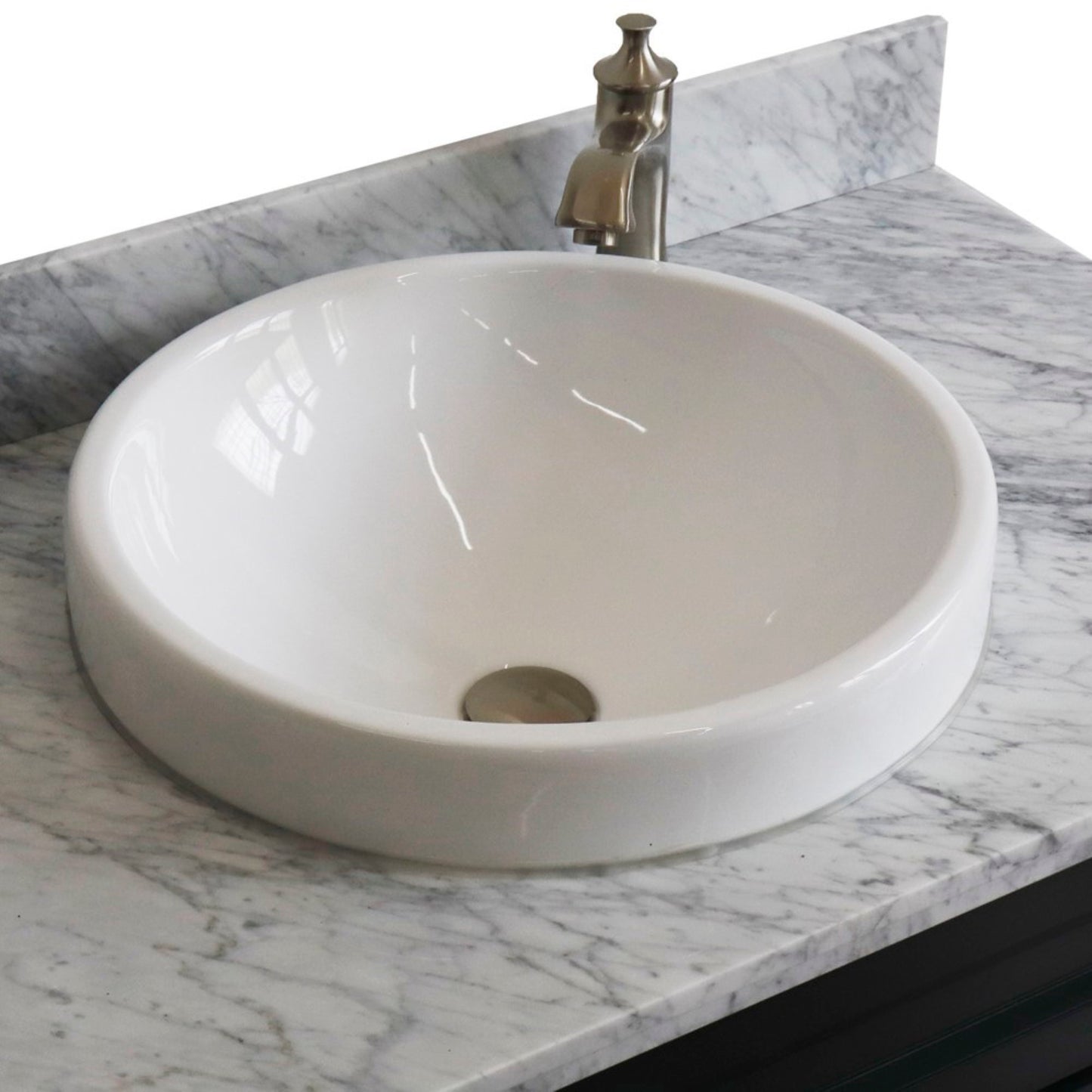 37" Single sink vanity in Dark Gray finish with White Carrara marble and Left door/Round Center sink